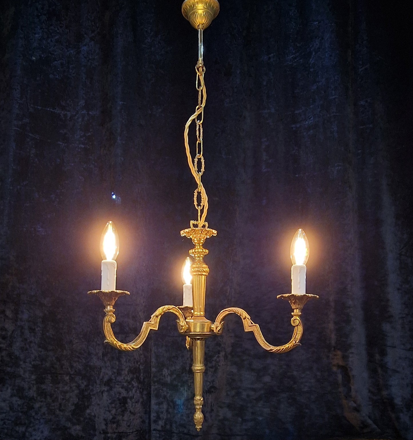 Traditional Vintage French Empire Style 3 Arm Torchiere Brass Chandelier Light