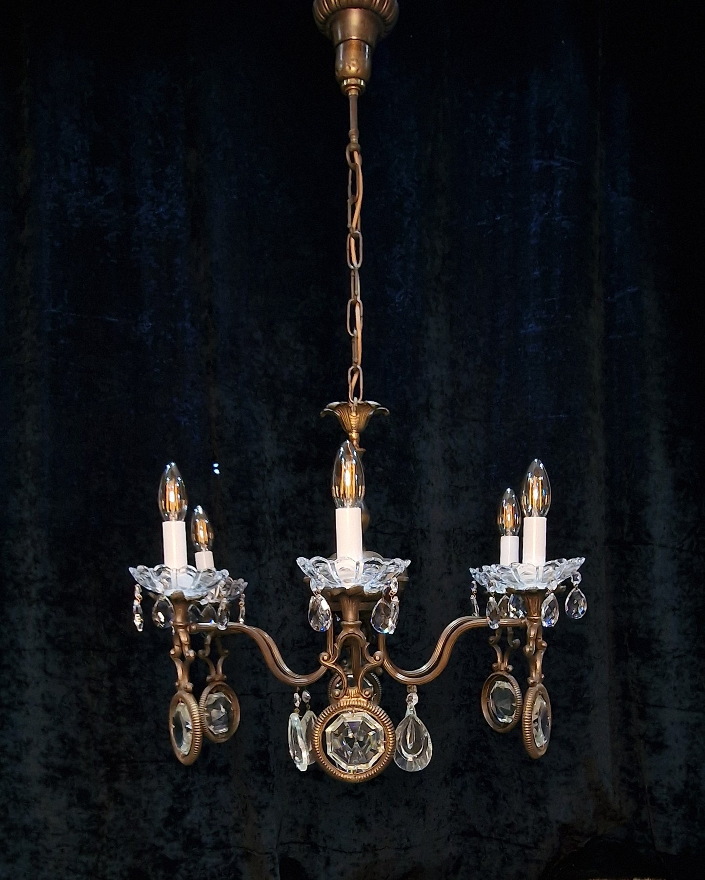 Unusual Large Vintage Italian Heavy Brass 6 Arm Crystal Chandelier Light