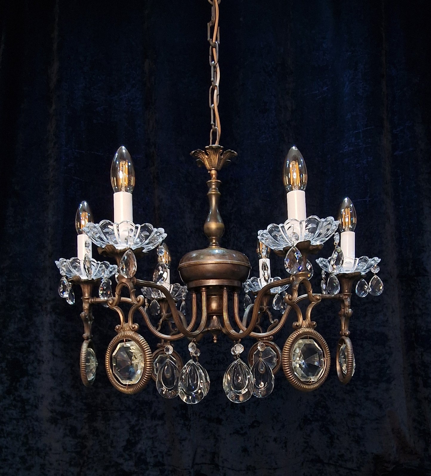 Unusual Large Vintage Italian Heavy Brass 6 Arm Crystal Chandelier Light