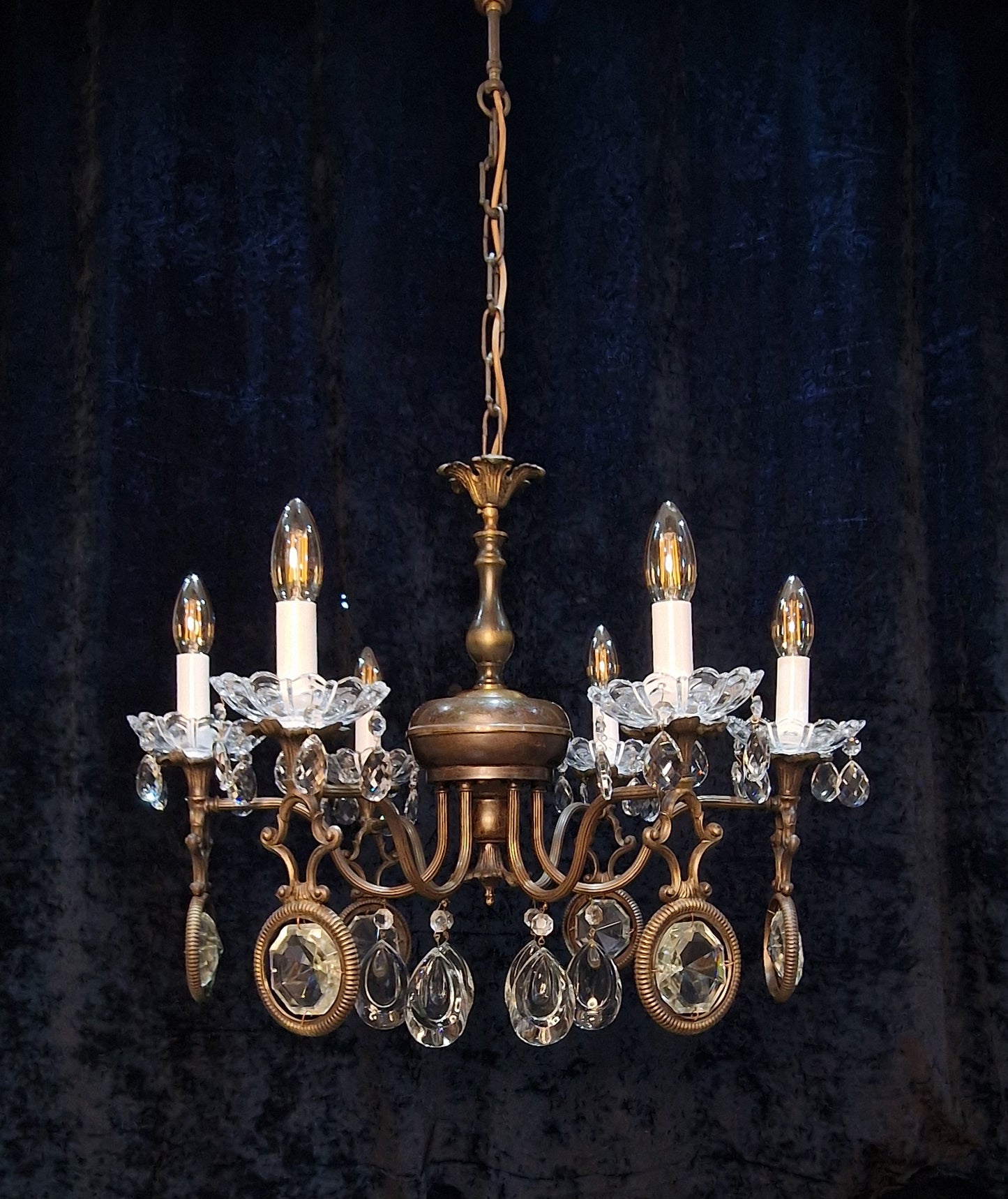 Unusual Large Vintage Italian Heavy Brass 6 Arm Crystal Chandelier Light