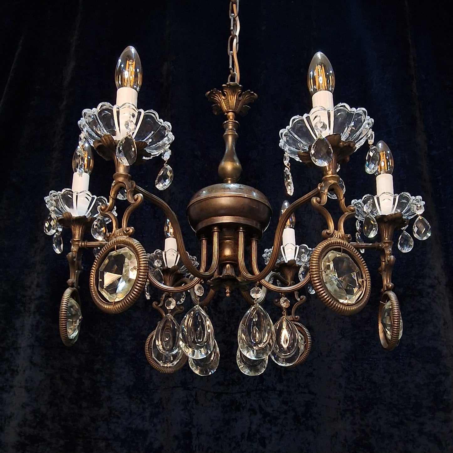 Unusual Large Vintage Italian Heavy Brass 6 Arm Crystal Chandelier Light