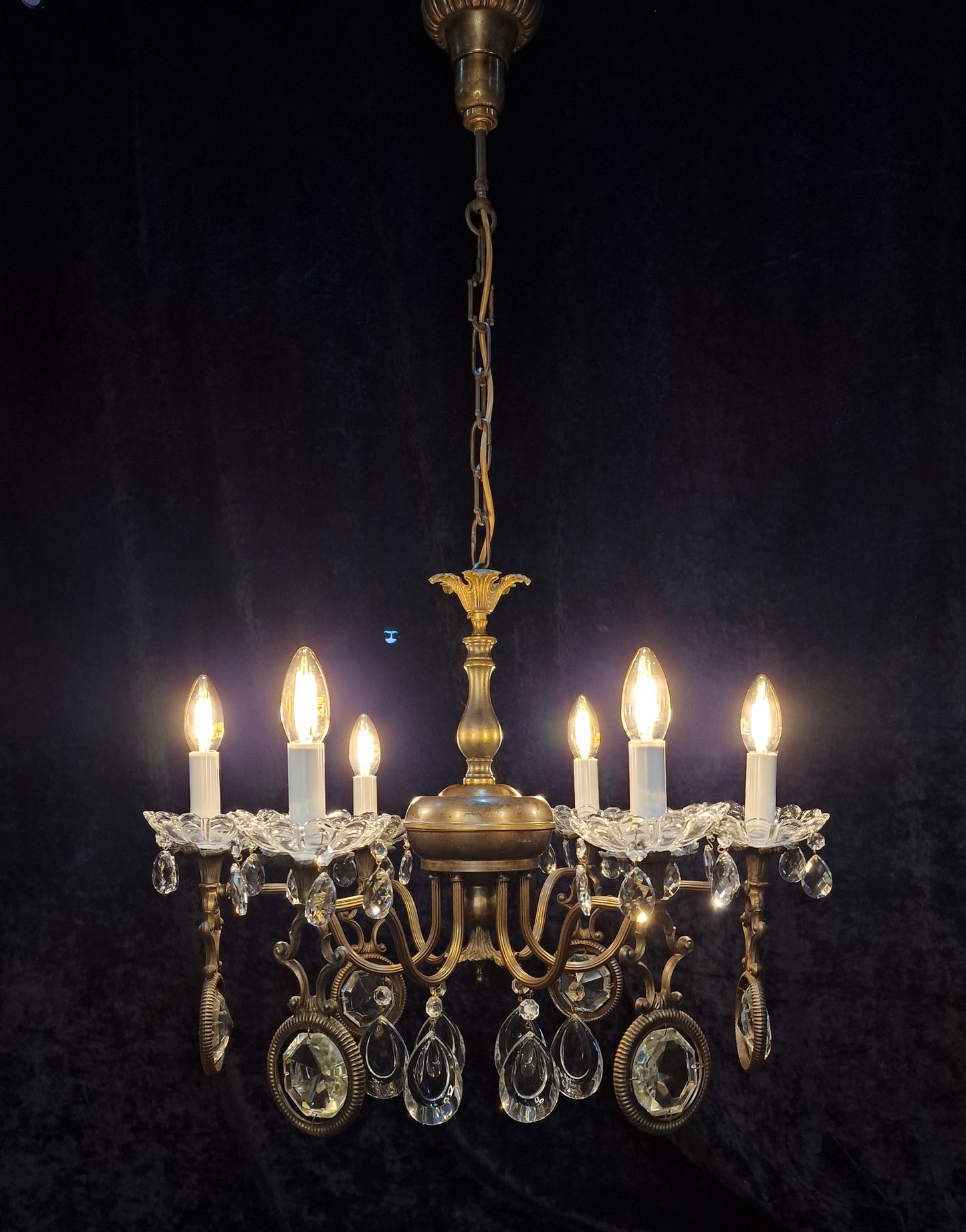 Unusual Large Vintage Italian Heavy Brass 6 Arm Crystal Chandelier Light