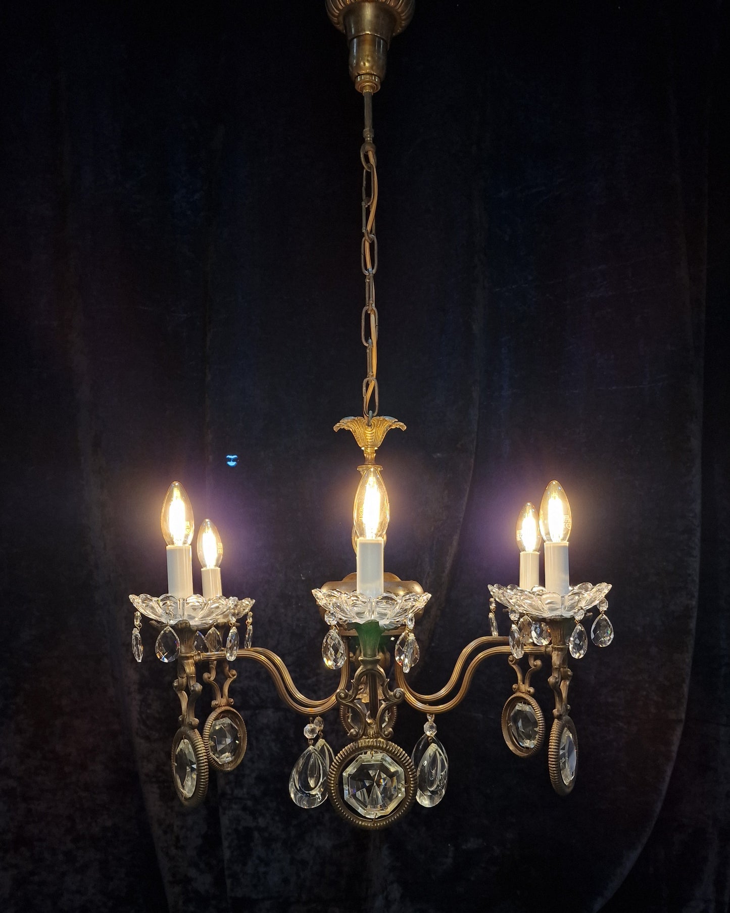 Unusual Large Vintage Italian Heavy Brass 6 Arm Crystal Chandelier Light