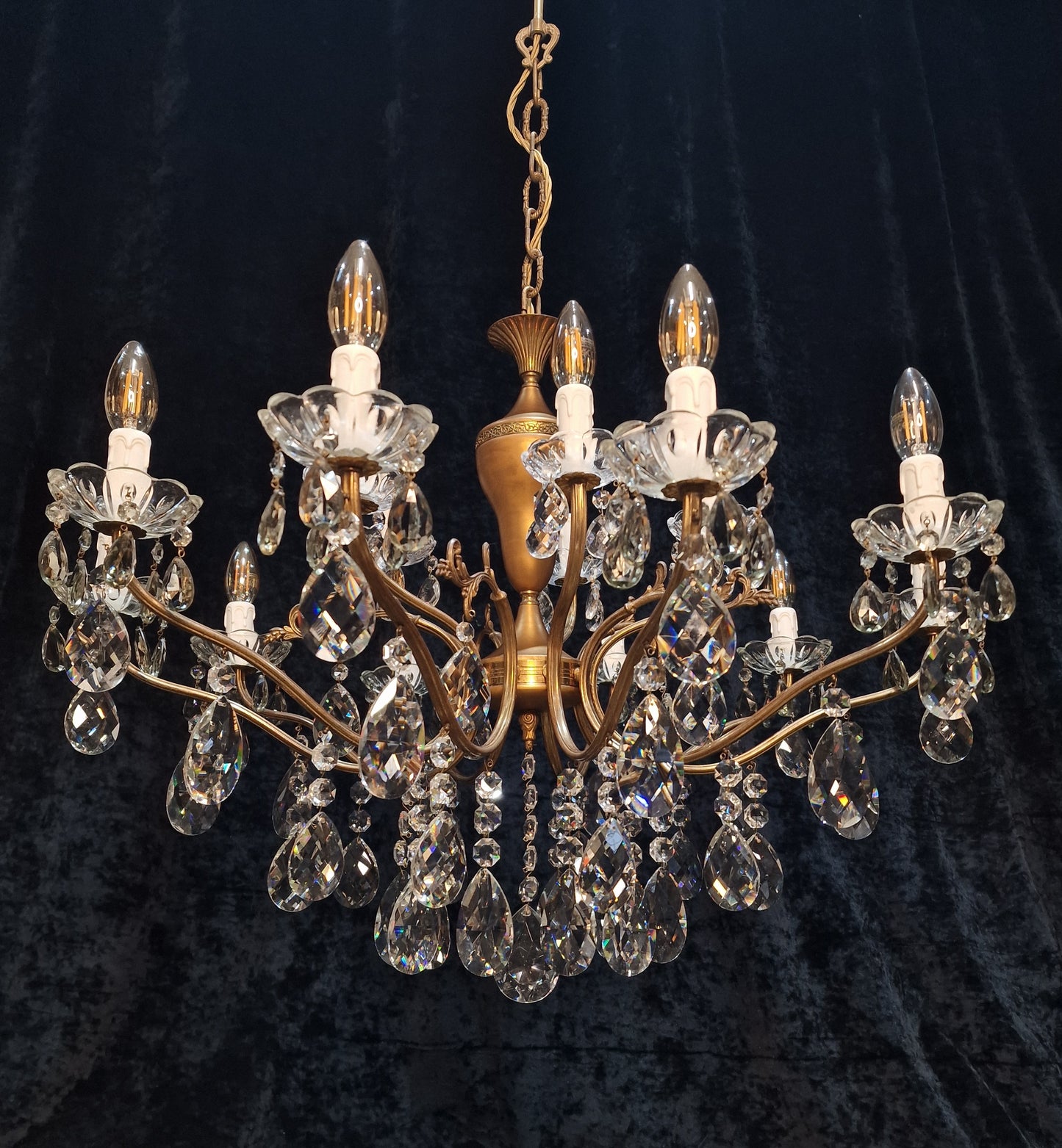 Fabulous Large Vintage Italian 10 Arm 15 Light Brass Leaf Crystal Chandelier