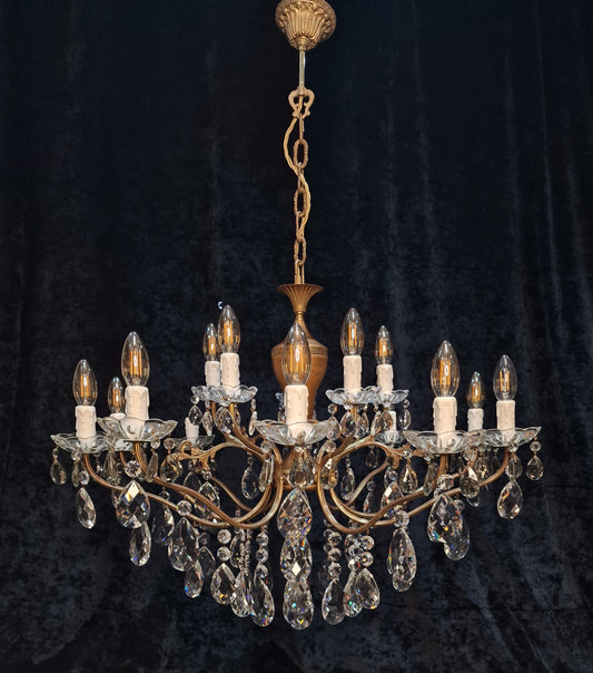 Fabulous Large Vintage Italian 10 Arm 15 Light Brass Leaf Crystal Chandelier