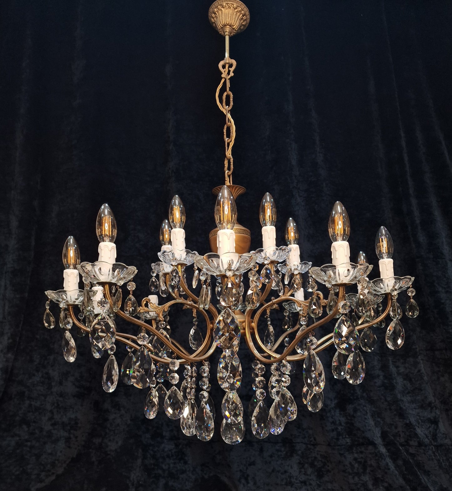 Fabulous Large Vintage Italian 10 Arm 15 Light Brass Leaf Crystal Chandelier