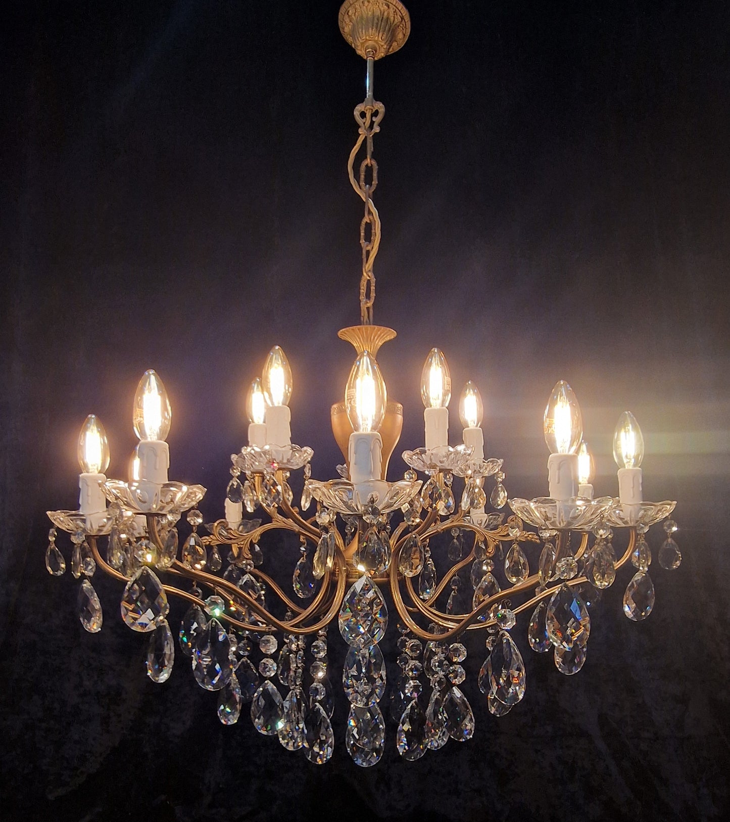 Fabulous Large Vintage Italian 10 Arm 15 Light Brass Leaf Crystal Chandelier