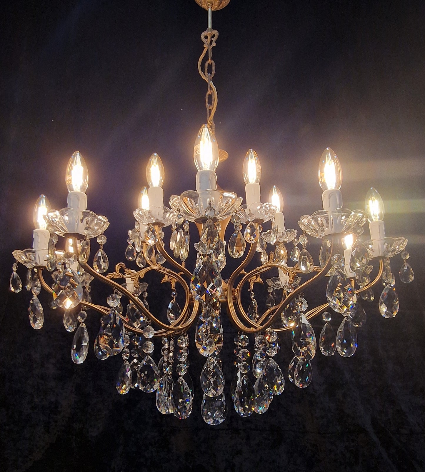 Fabulous Large Vintage Italian 10 Arm 15 Light Brass Leaf Crystal Chandelier