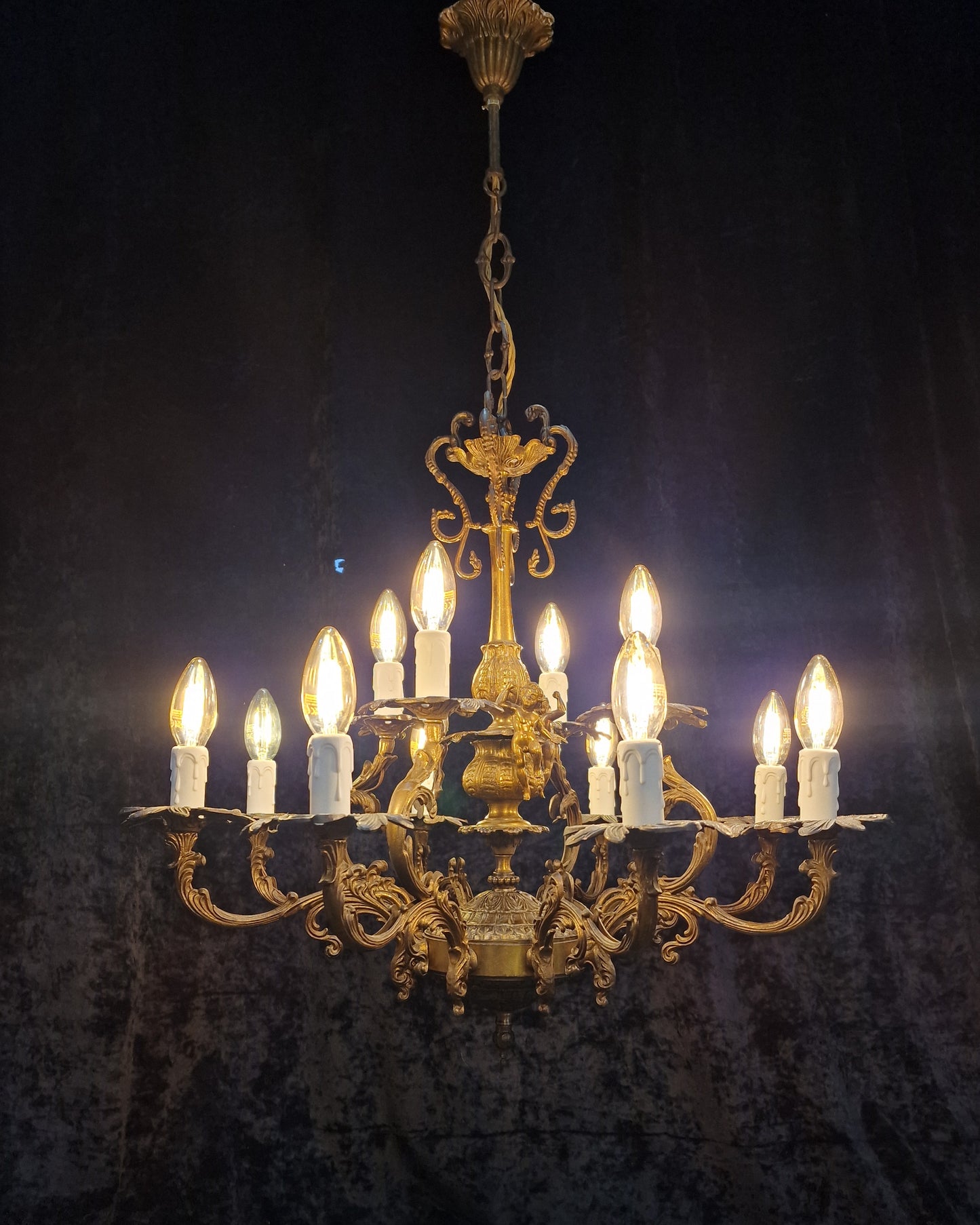 Stunning Vintage French 8 Arm 12 Light Heavy Cherub Brass Chandelier Light