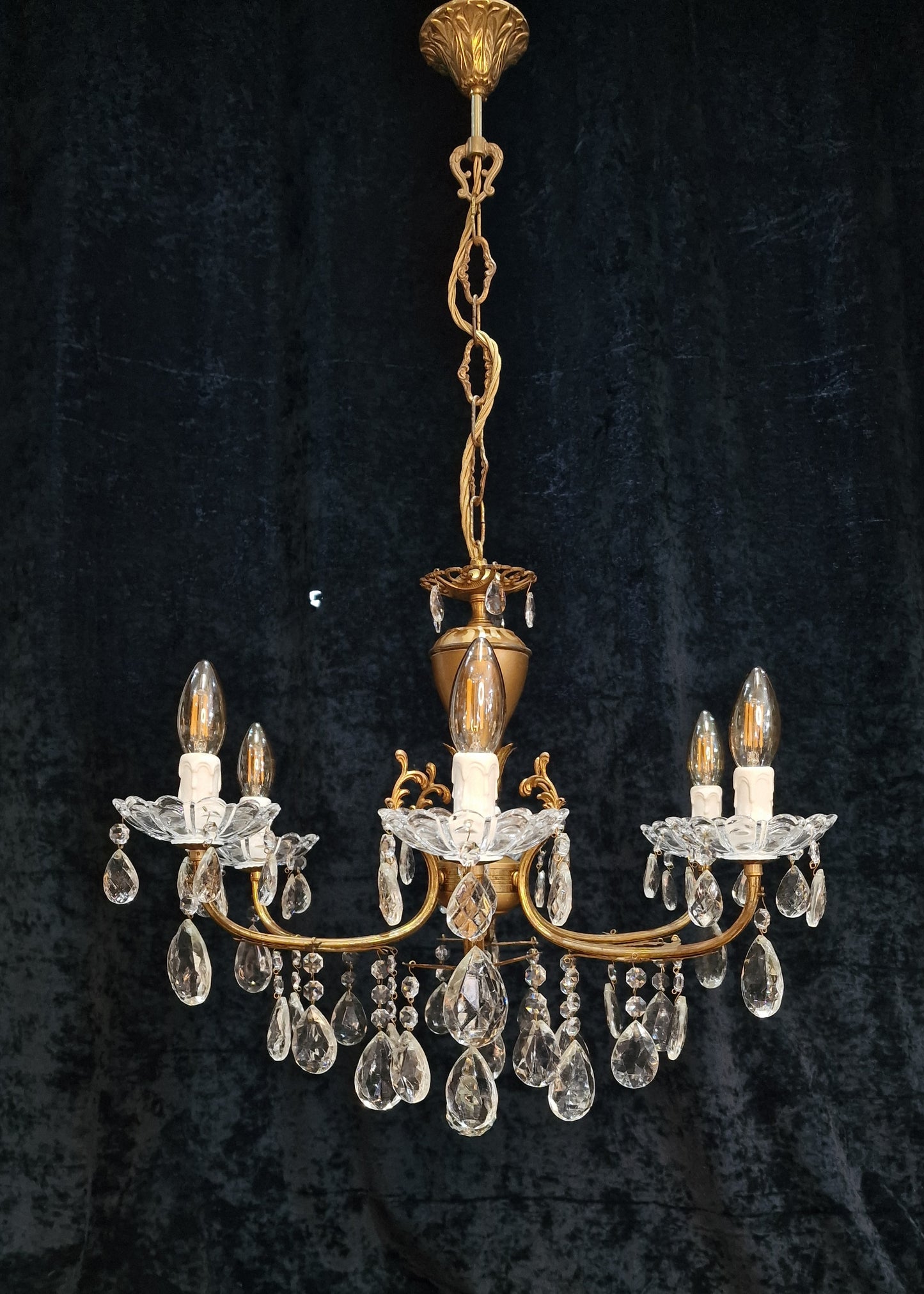 Lovely Vintage Italian 6 Arm Brass and Crystal Leaf Chandelier Ceiling Light