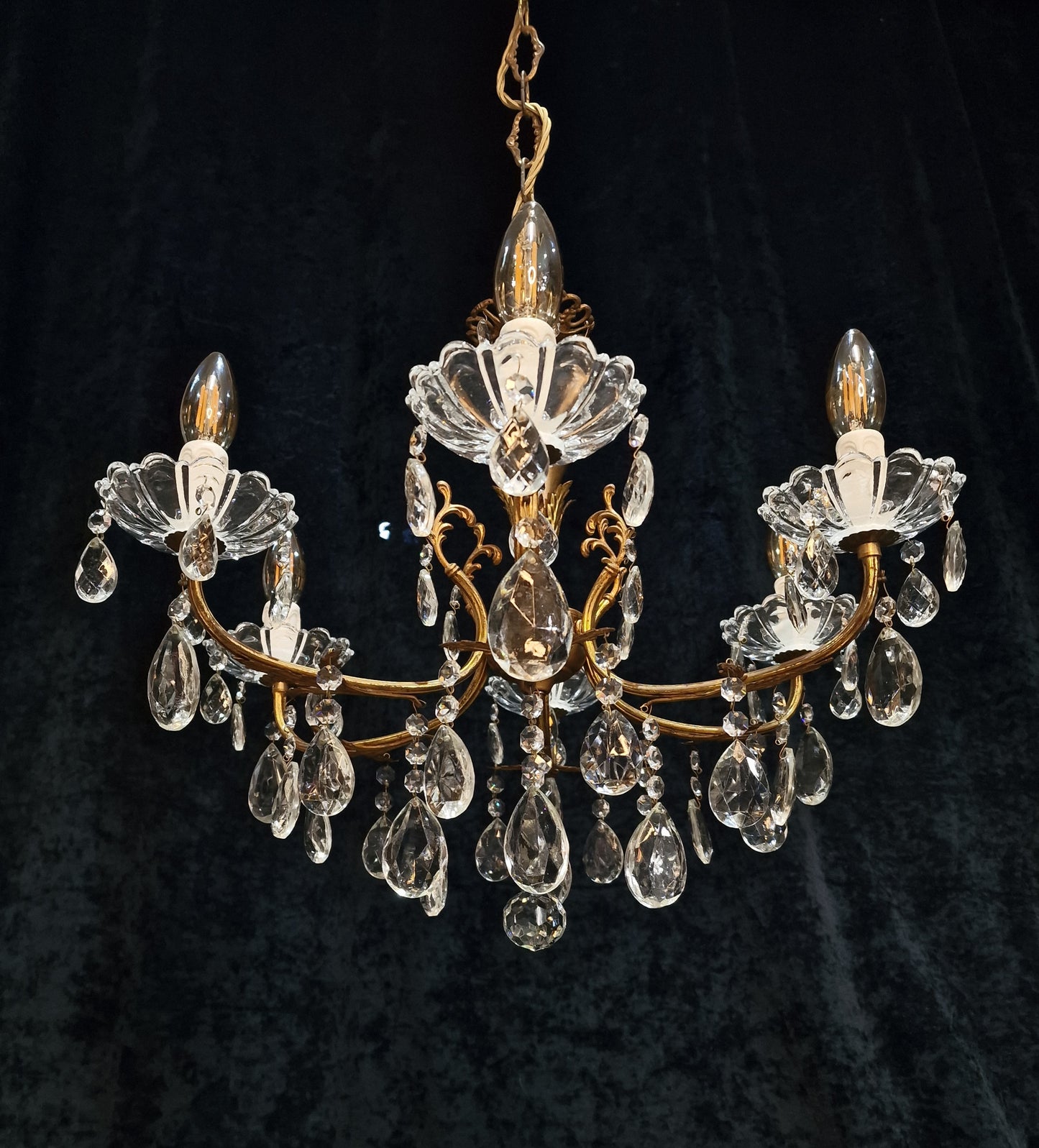 Lovely Vintage Italian 6 Arm Brass and Crystal Leaf Chandelier Ceiling Light