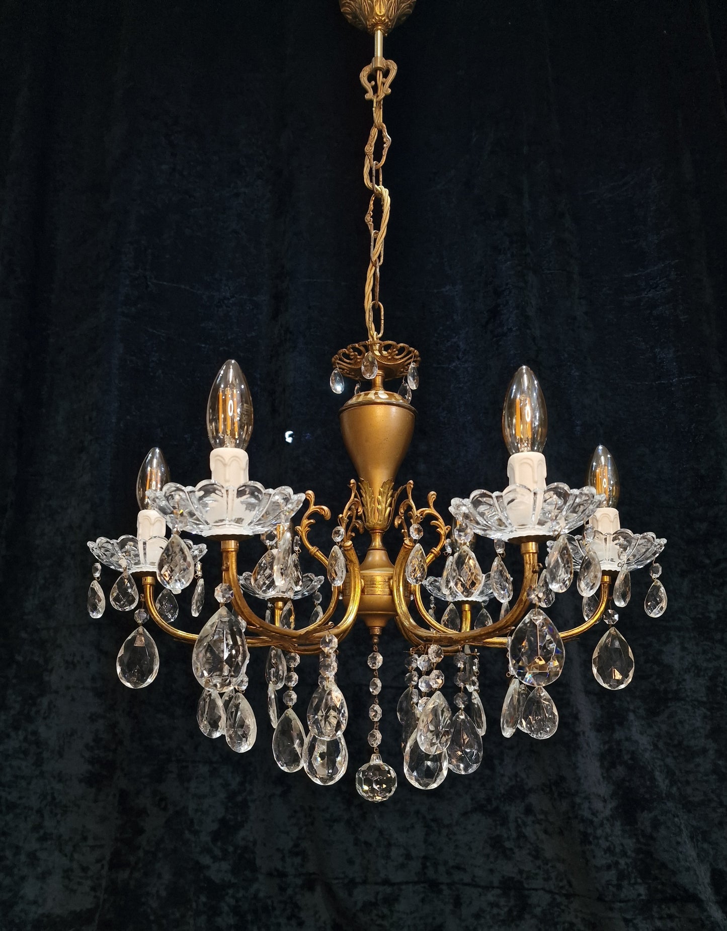 Lovely Vintage Italian 6 Arm Brass and Crystal Leaf Chandelier Ceiling Light