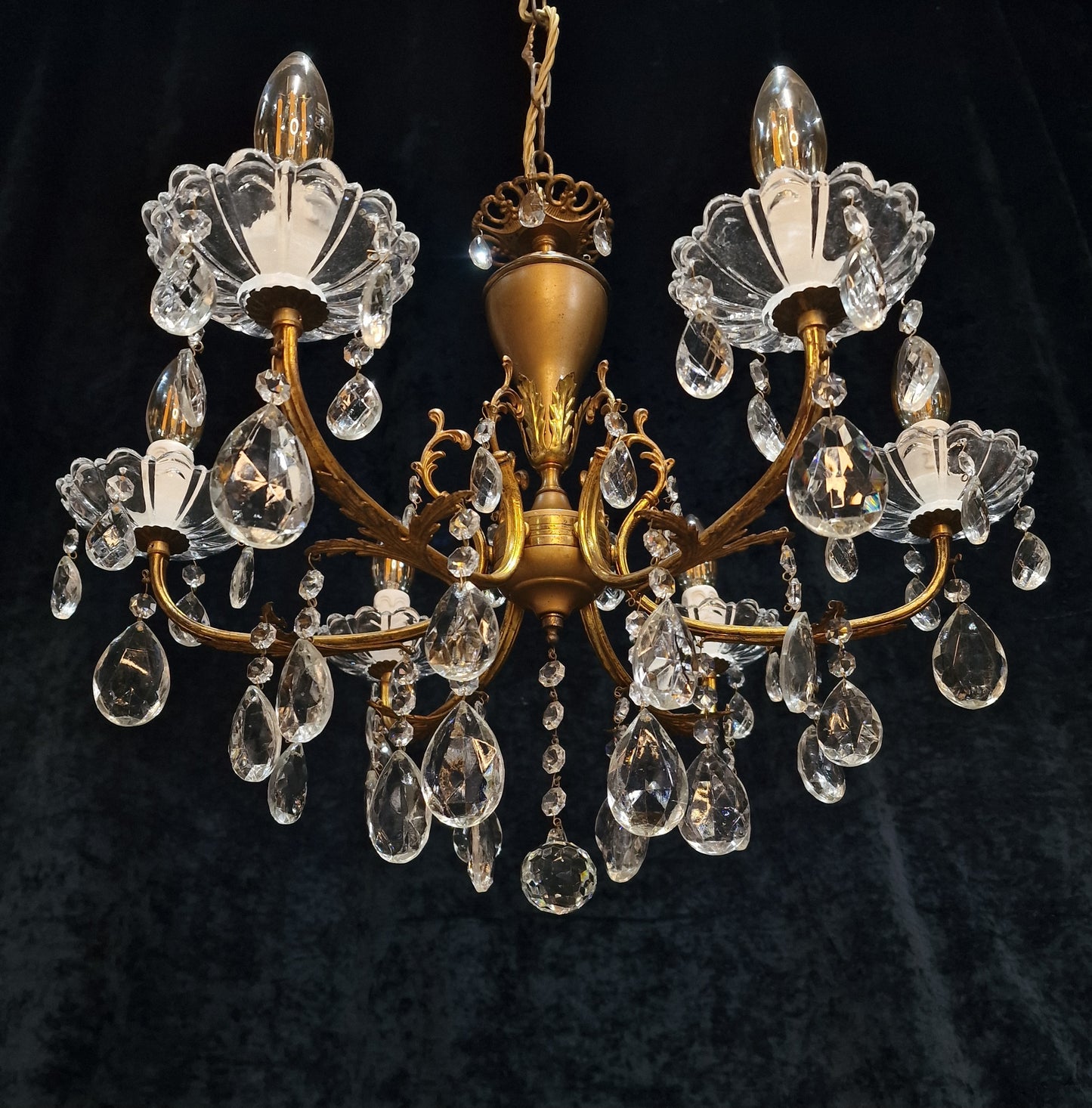 Lovely Vintage Italian 6 Arm Brass and Crystal Leaf Chandelier Ceiling Light