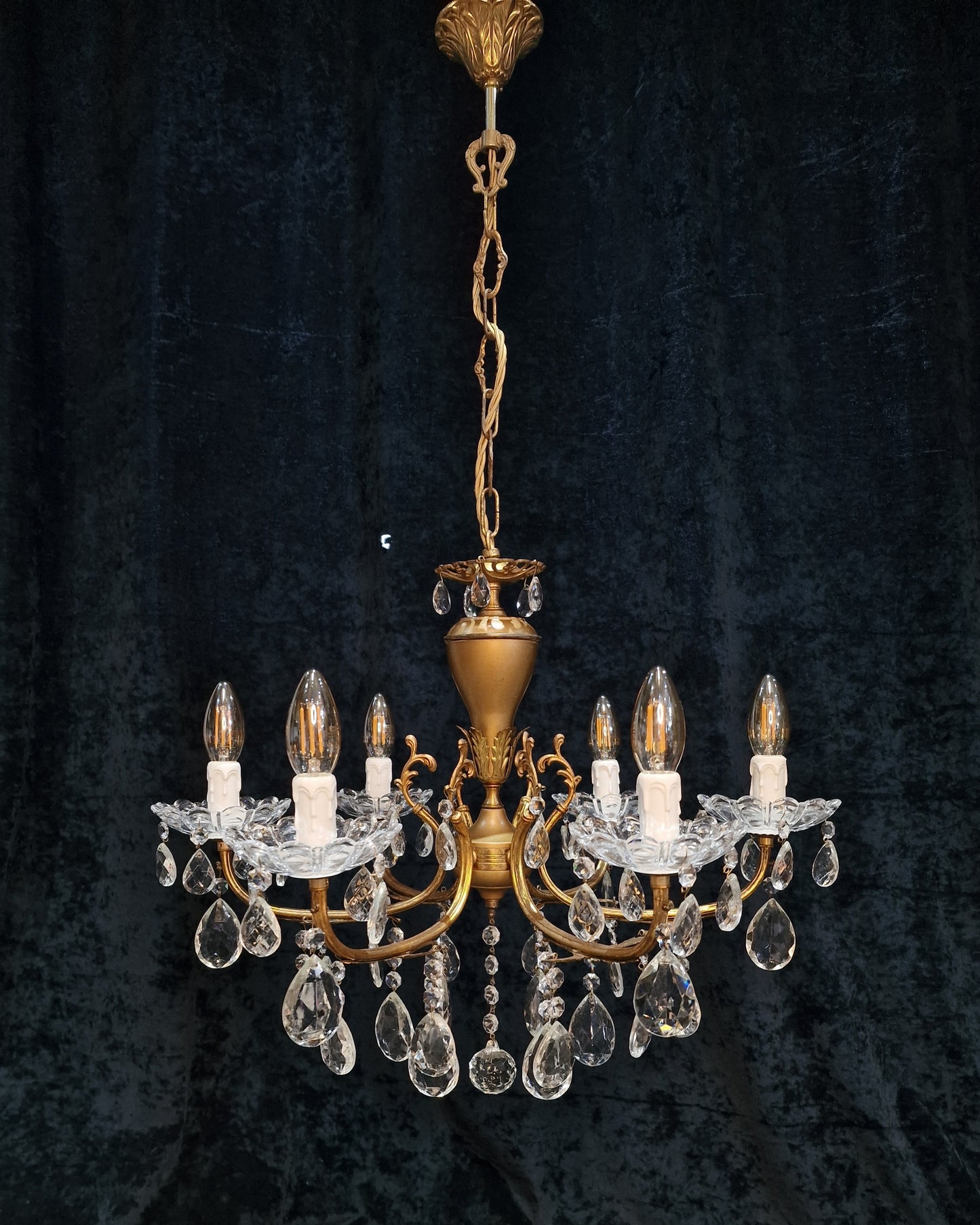 Lovely Vintage Italian 6 Arm Brass and Crystal Leaf Chandelier Ceiling Light