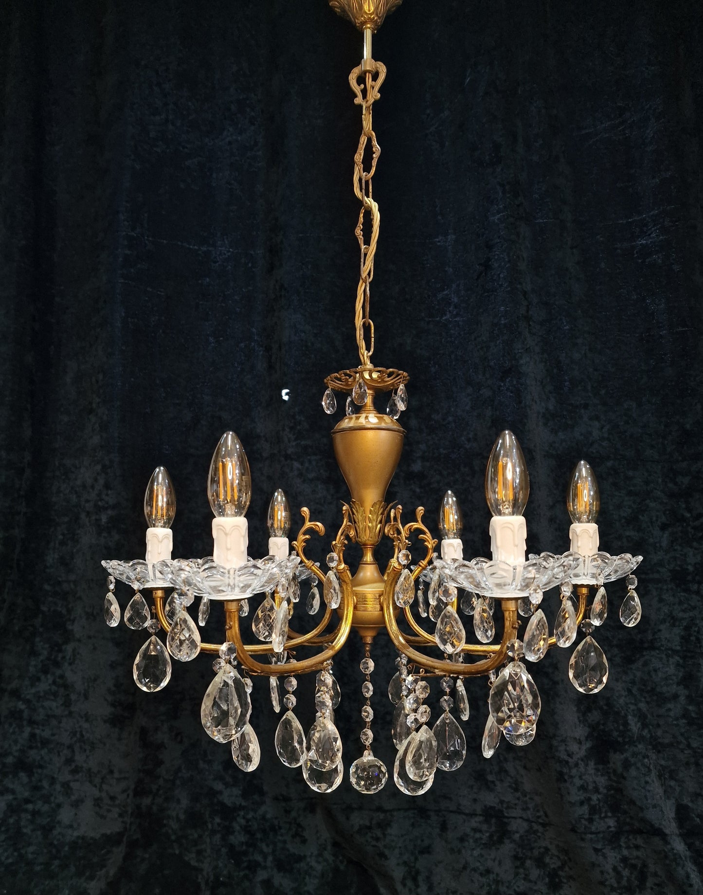 Lovely Vintage Italian 6 Arm Brass and Crystal Leaf Chandelier Ceiling Light