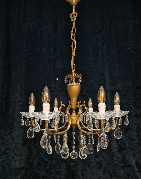 Lovely Vintage Italian 6 Arm Brass and Crystal Leaf Chandelier Ceiling Light