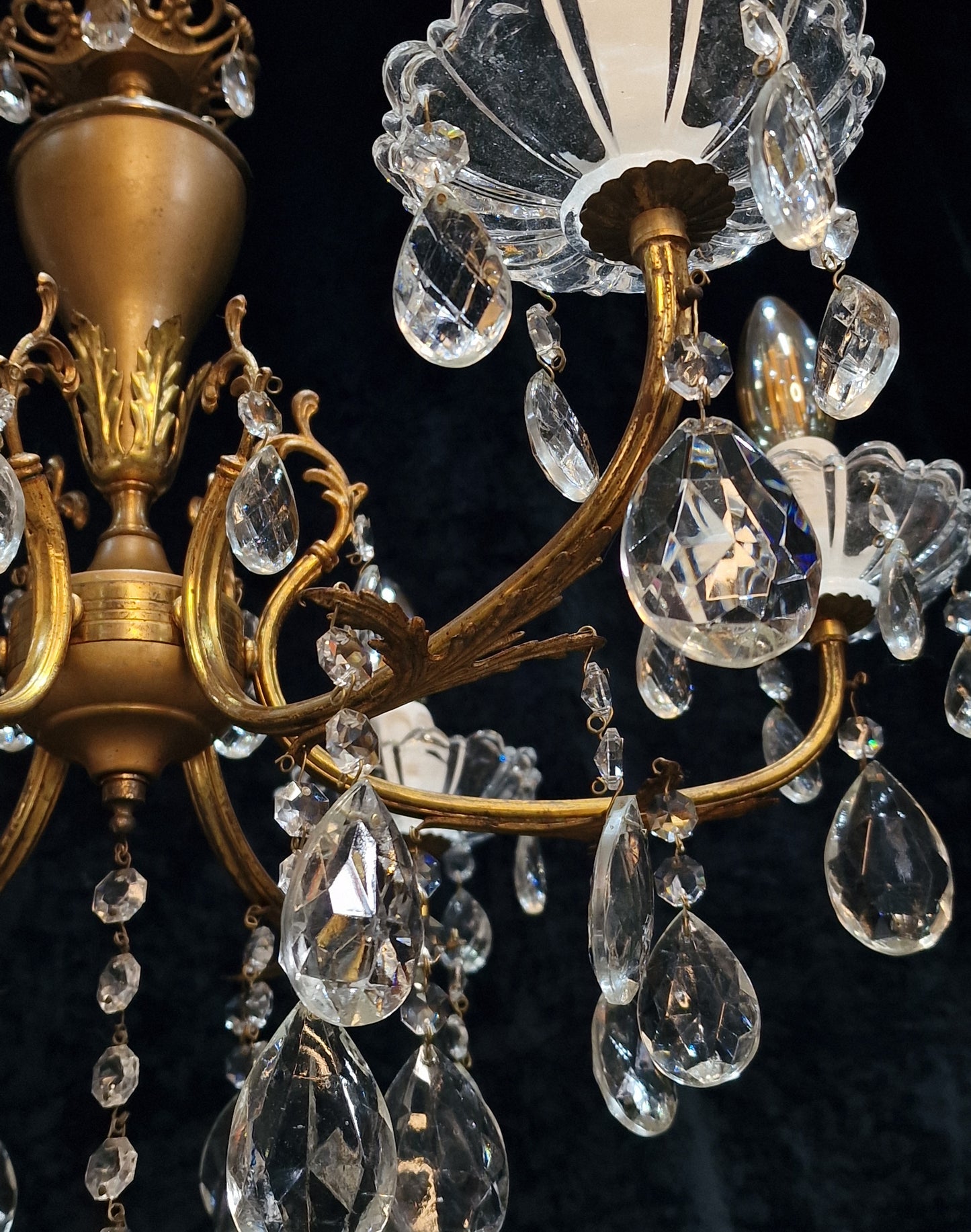 Lovely Vintage Italian 6 Arm Brass and Crystal Leaf Chandelier Ceiling Light