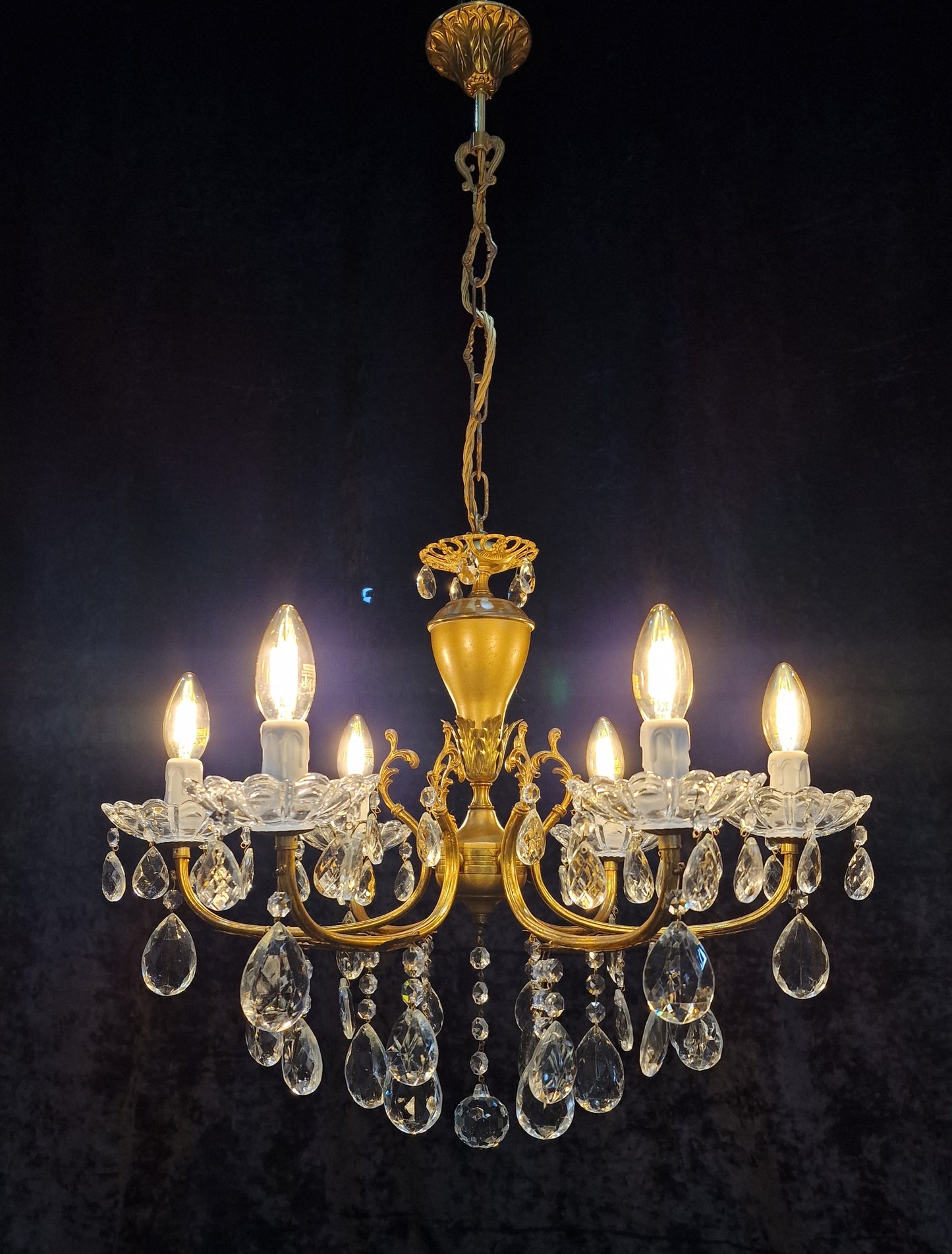 Lovely Vintage Italian 6 Arm Brass and Crystal Leaf Chandelier Ceiling Light