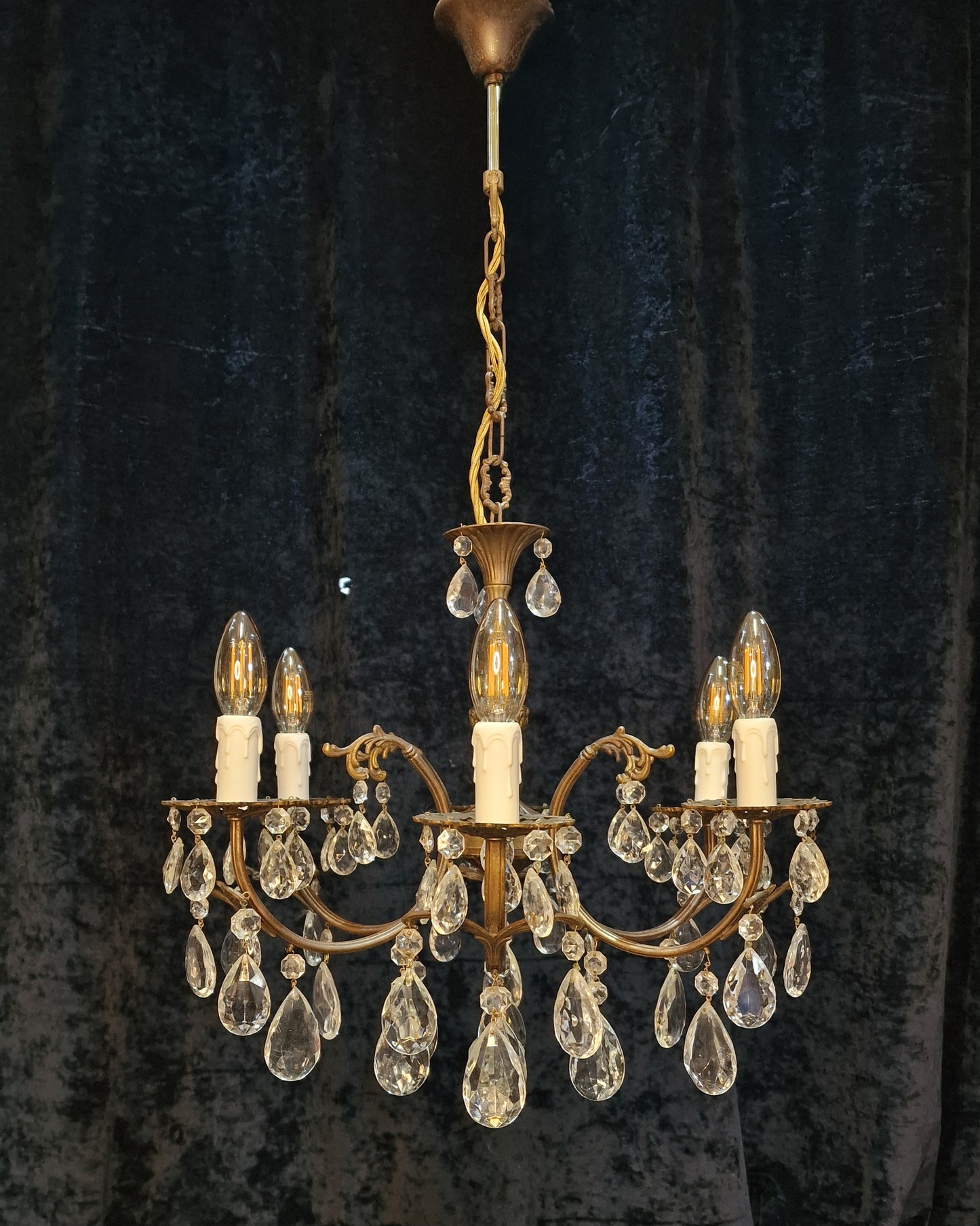 Traditional Vintage French 6 Arm Brass and Crystal Leaf Chandelier Ceiling Light