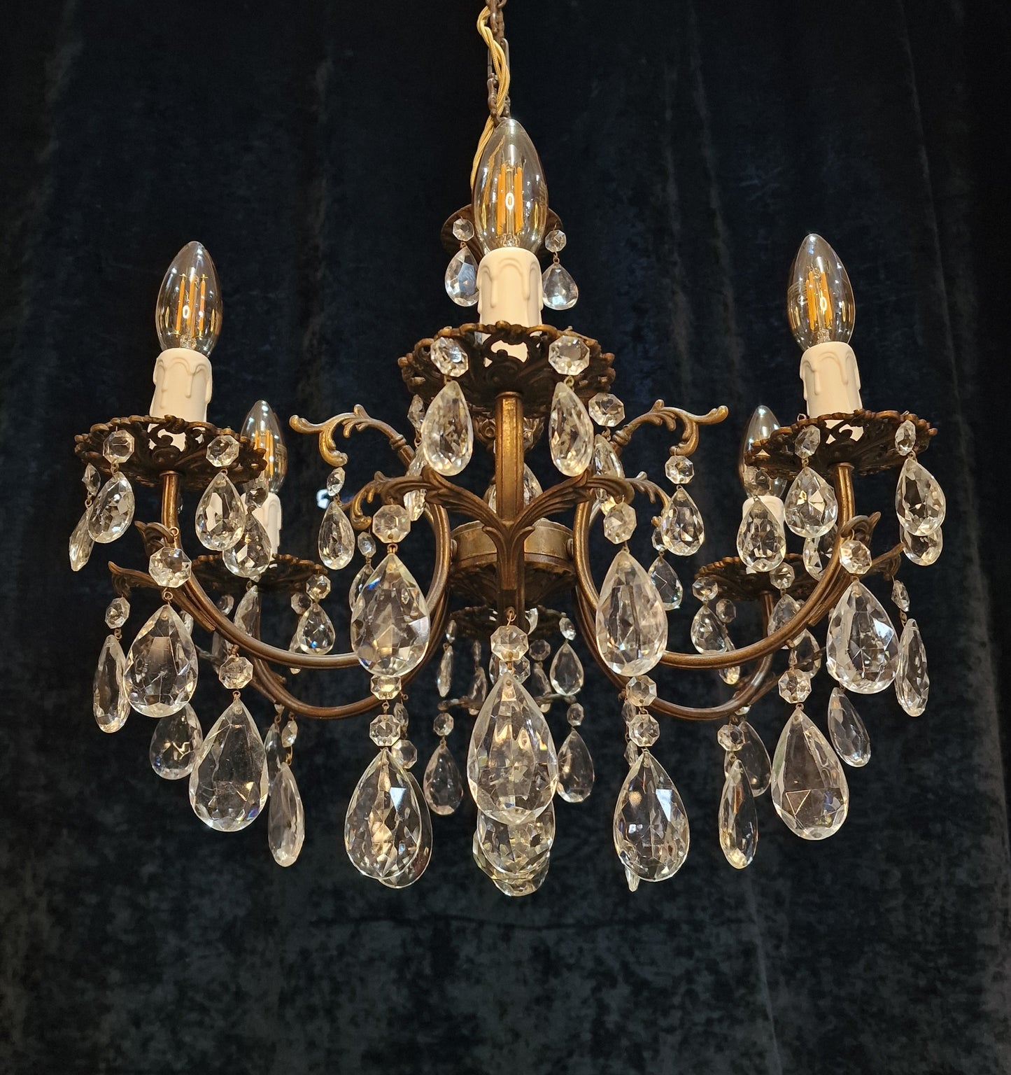 Traditional Vintage French 6 Arm Brass and Crystal Leaf Chandelier Ceiling Light