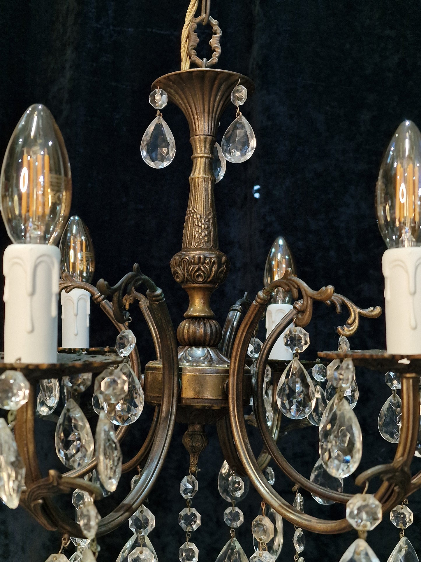 Traditional Vintage French 6 Arm Brass and Crystal Leaf Chandelier Ceiling Light