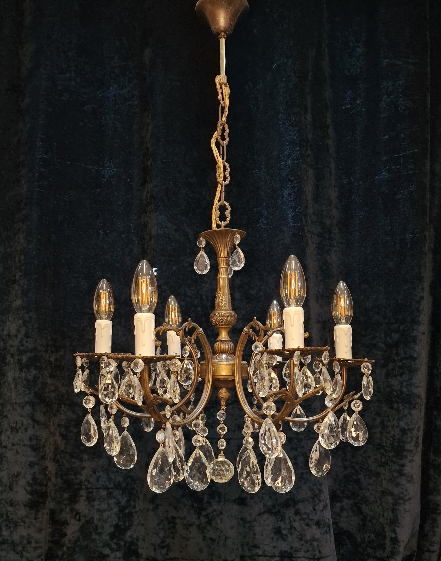 Traditional Vintage French 6 Arm Brass and Crystal Leaf Chandelier Ceiling Light