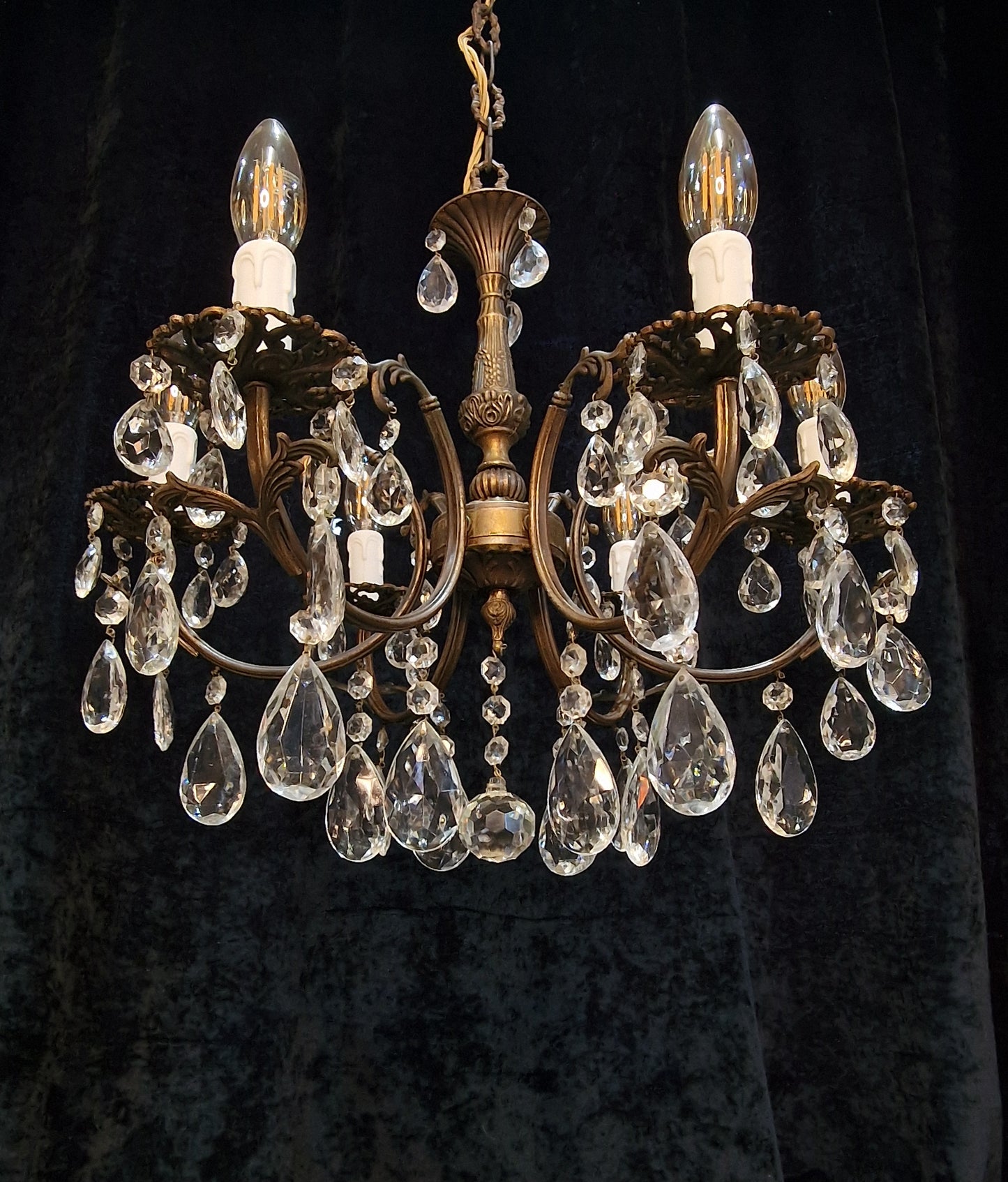 Traditional Vintage French 6 Arm Brass and Crystal Leaf Chandelier Ceiling Light