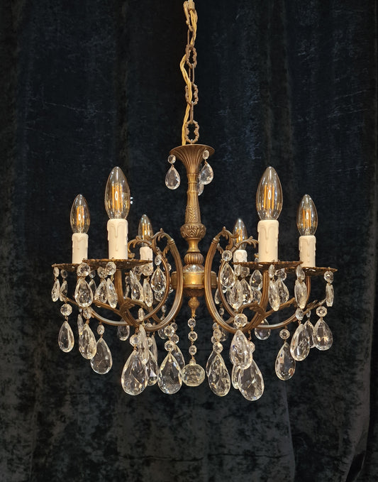 Traditional Vintage French 6 Arm Brass and Crystal Leaf Chandelier Ceiling Light