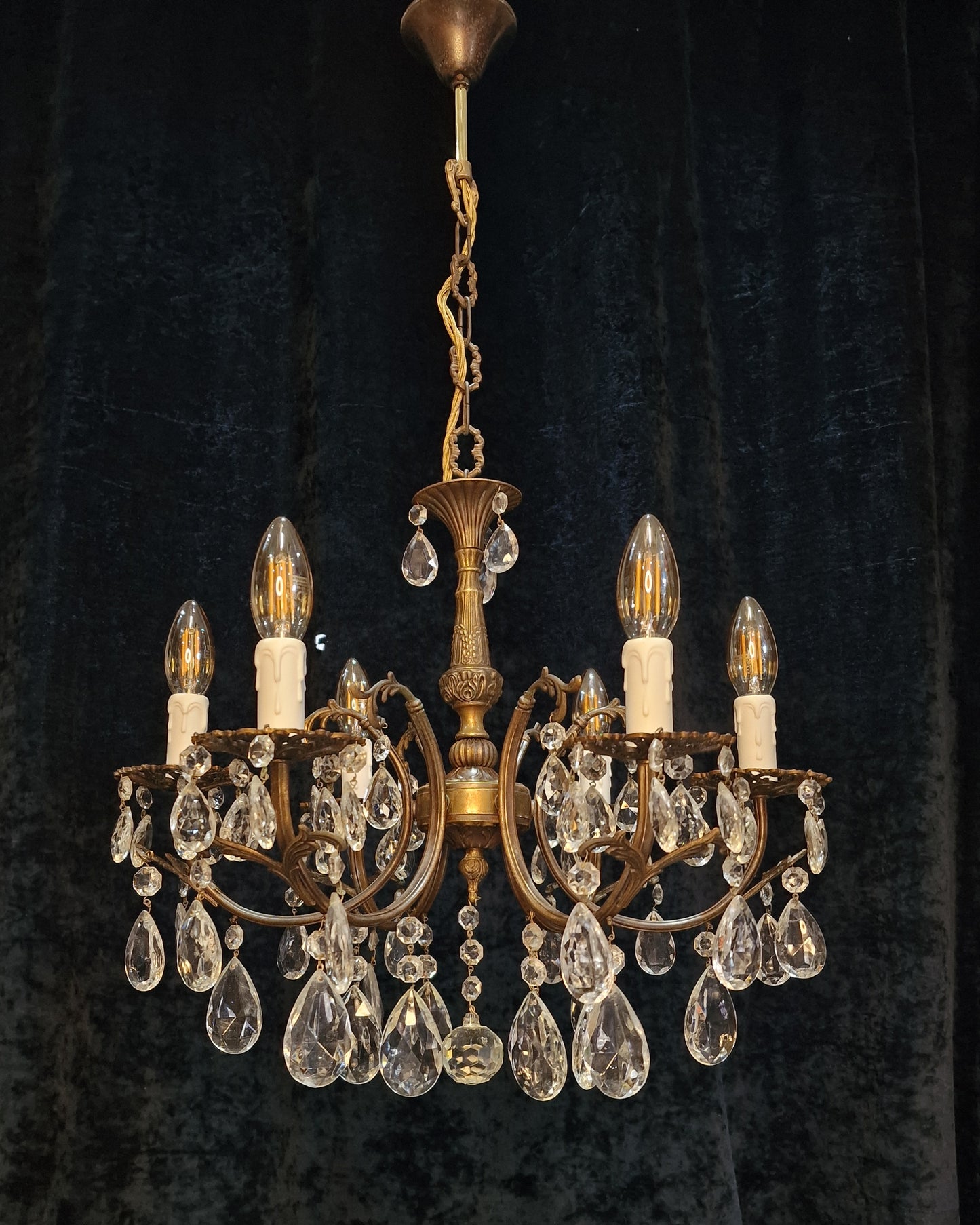 Traditional Vintage French 6 Arm Brass and Crystal Leaf Chandelier Ceiling Light