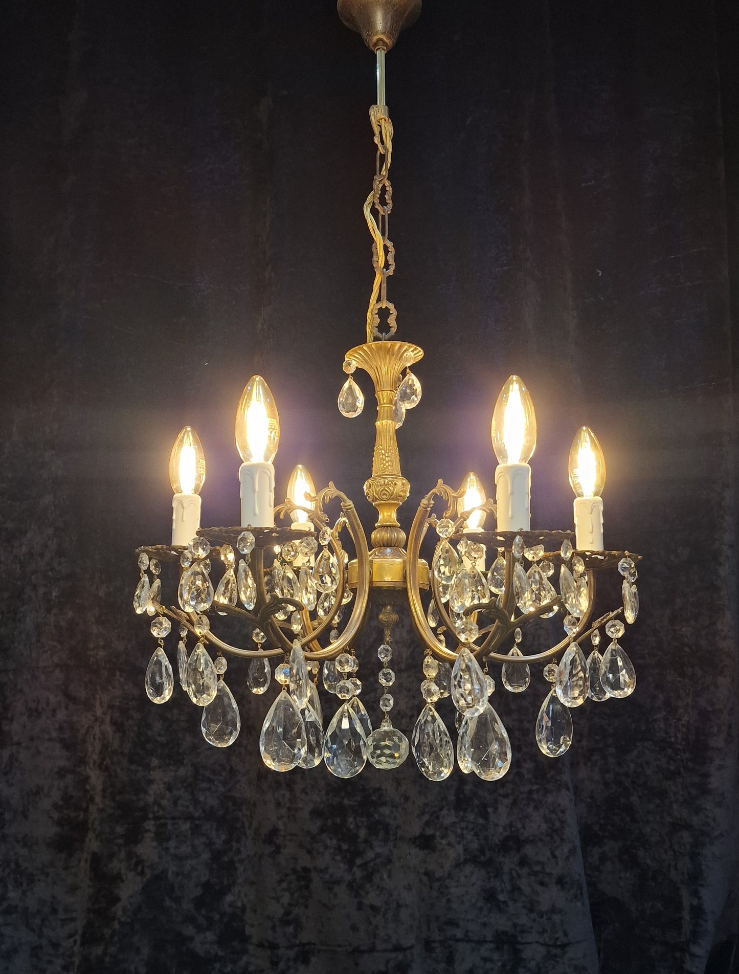 Traditional Vintage French 6 Arm Brass and Crystal Leaf Chandelier Ceiling Light