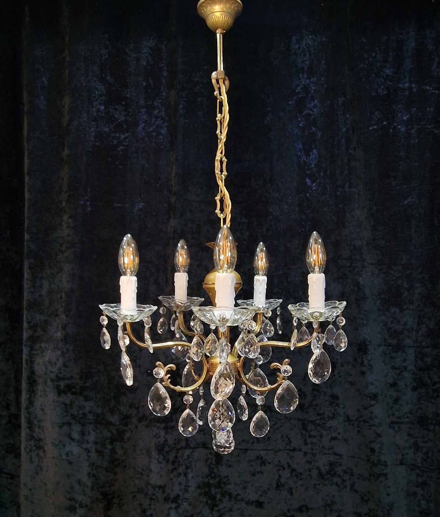 Lovely Vintage Italian 5 Arm Brass and Crystal Chandelier Ceiling Light