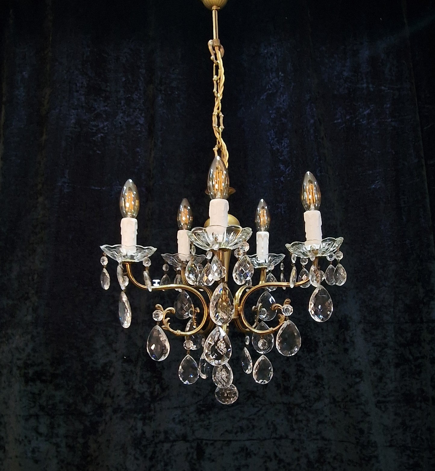 Lovely Vintage Italian 5 Arm Brass and Crystal Chandelier Ceiling Light