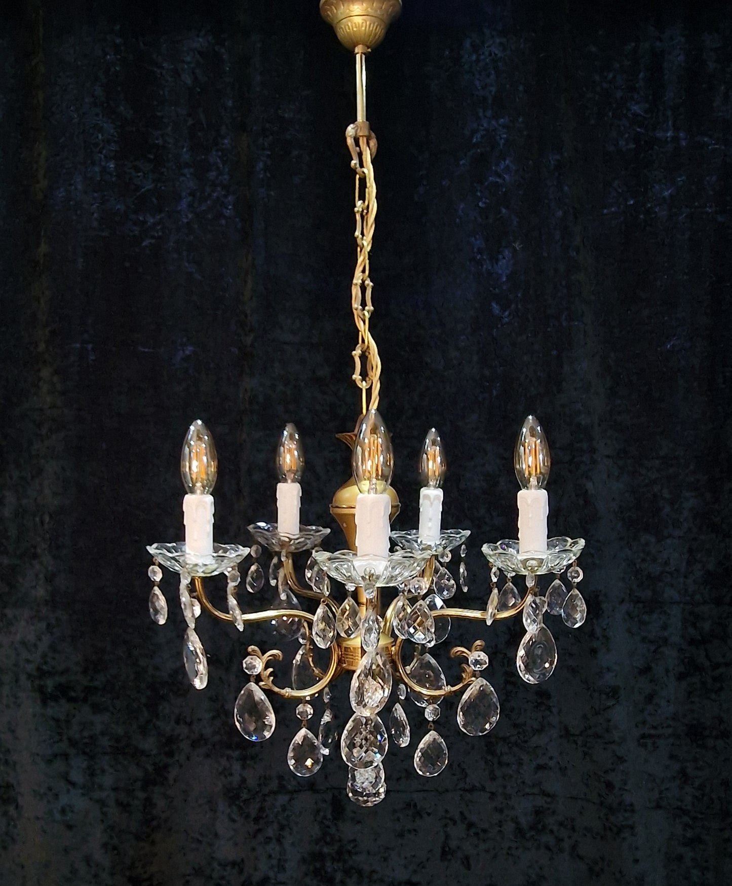 Lovely Vintage Italian 5 Arm Brass and Crystal Chandelier Ceiling Light