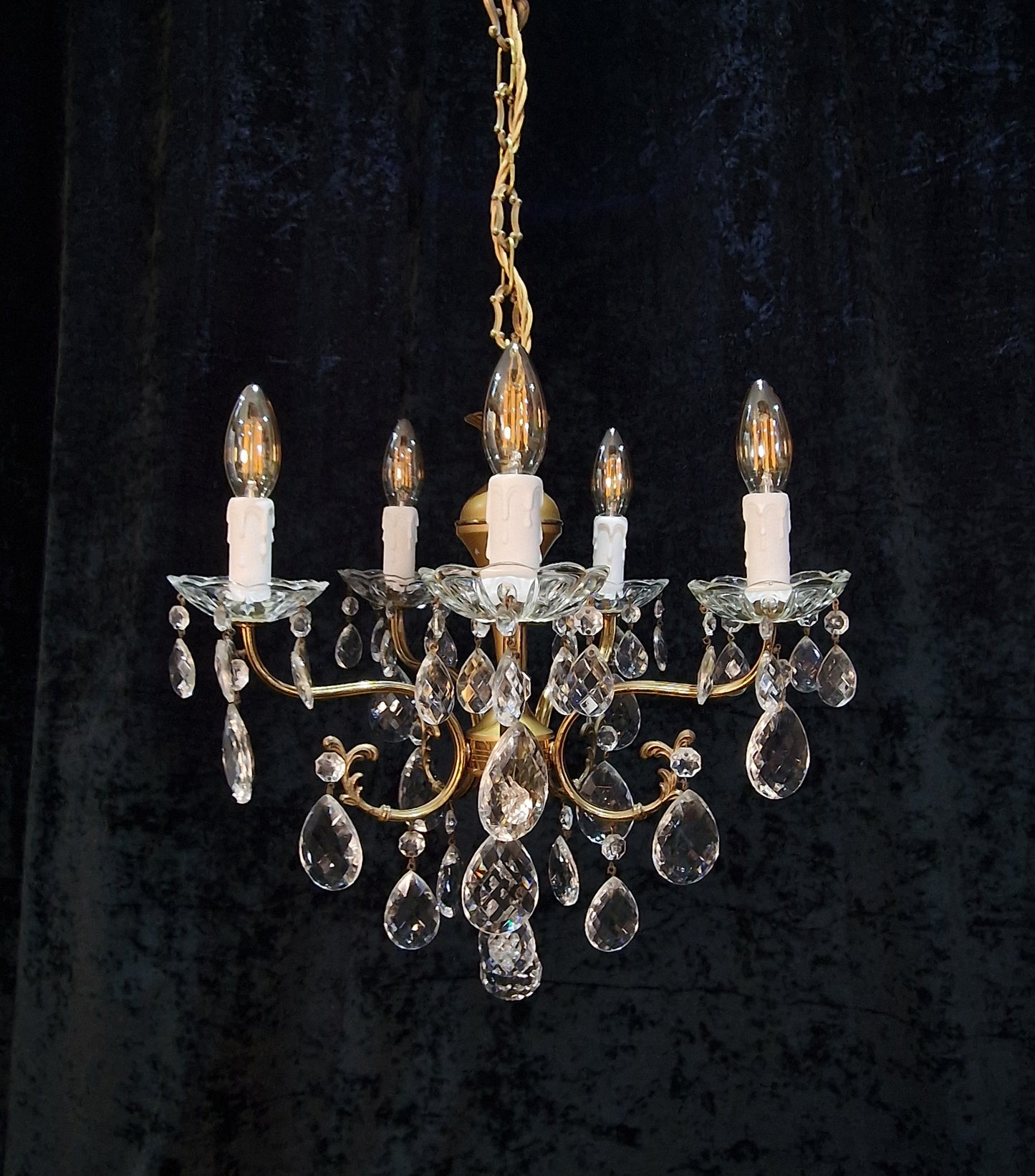 Lovely Vintage Italian 5 Arm Brass and Crystal Chandelier Ceiling Light