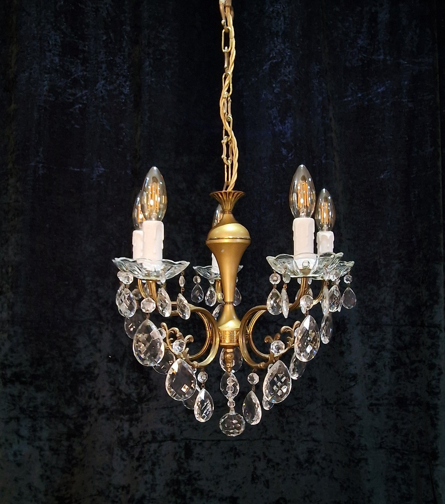 Lovely Vintage Italian 5 Arm Brass and Crystal Chandelier Ceiling Light