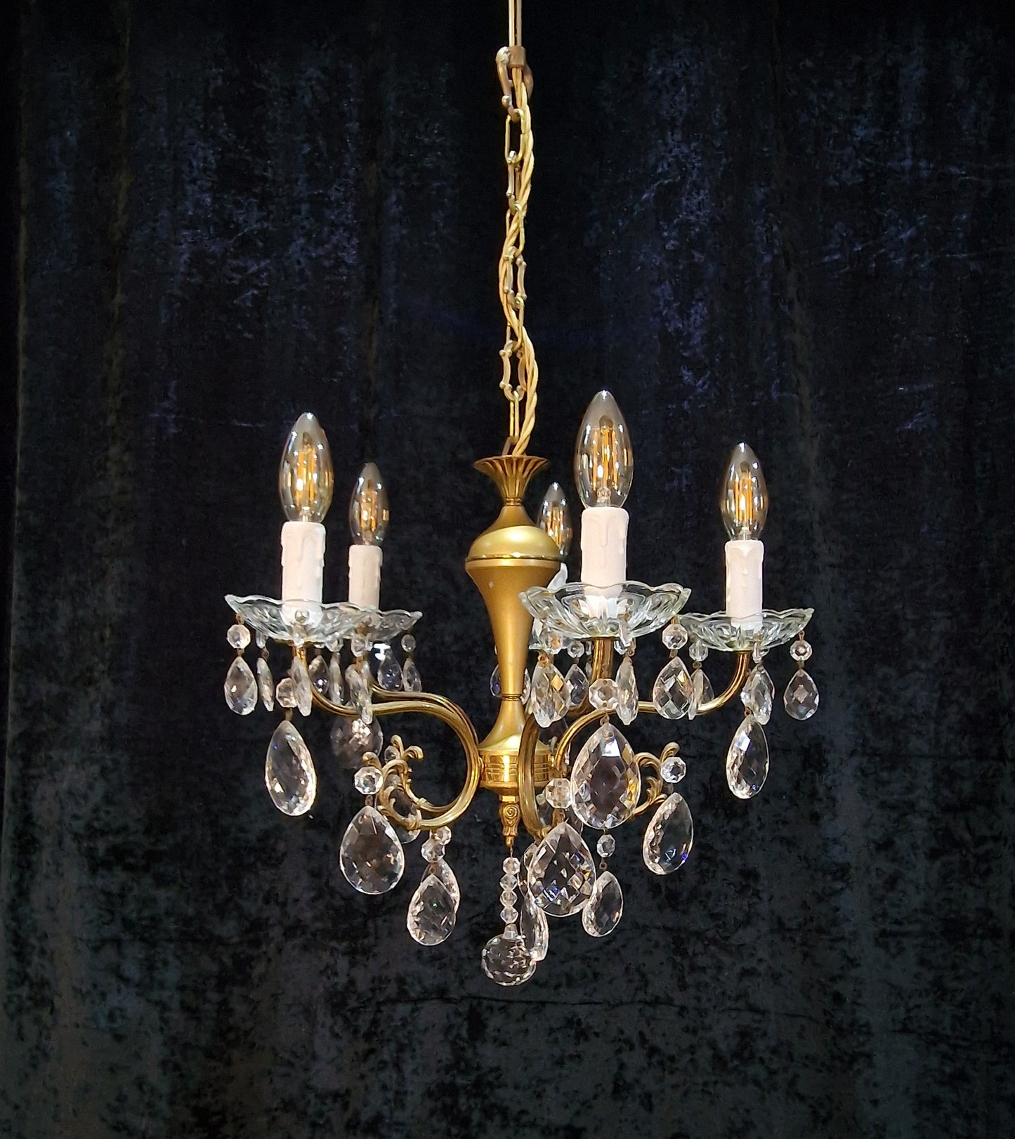 Lovely Vintage Italian 5 Arm Brass and Crystal Chandelier Ceiling Light