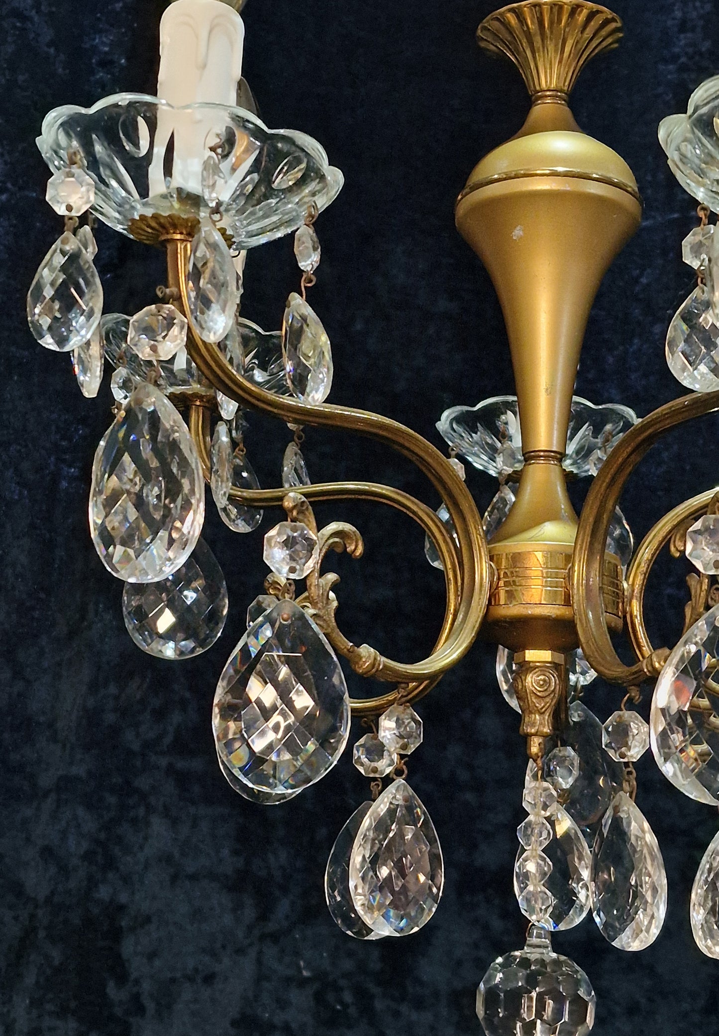 Lovely Vintage Italian 5 Arm Brass and Crystal Chandelier Ceiling Light