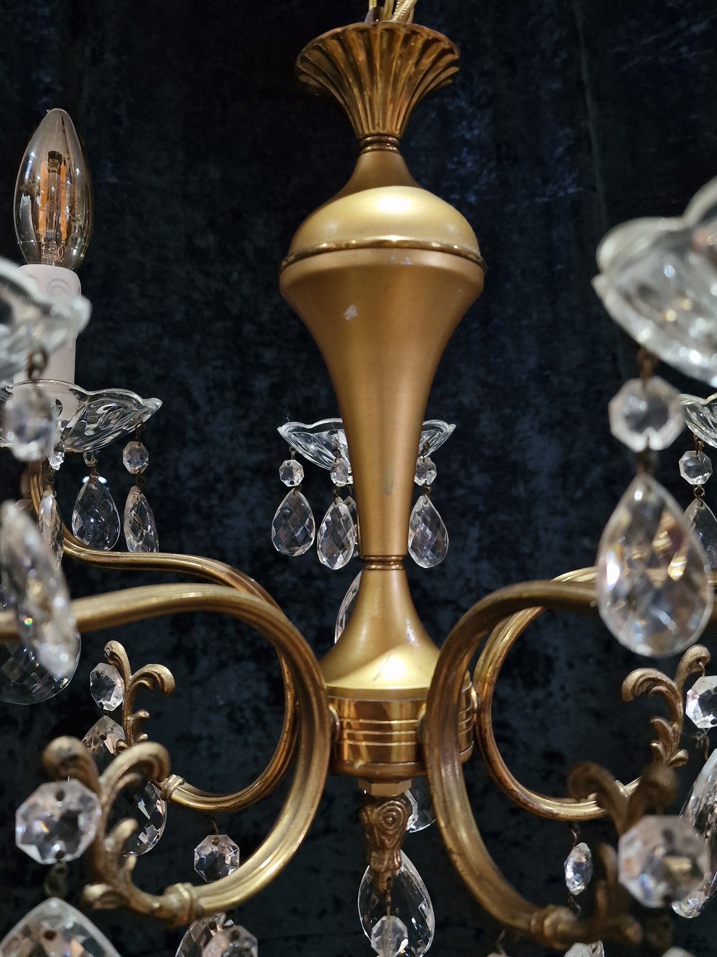 Lovely Vintage Italian 5 Arm Brass and Crystal Chandelier Ceiling Light