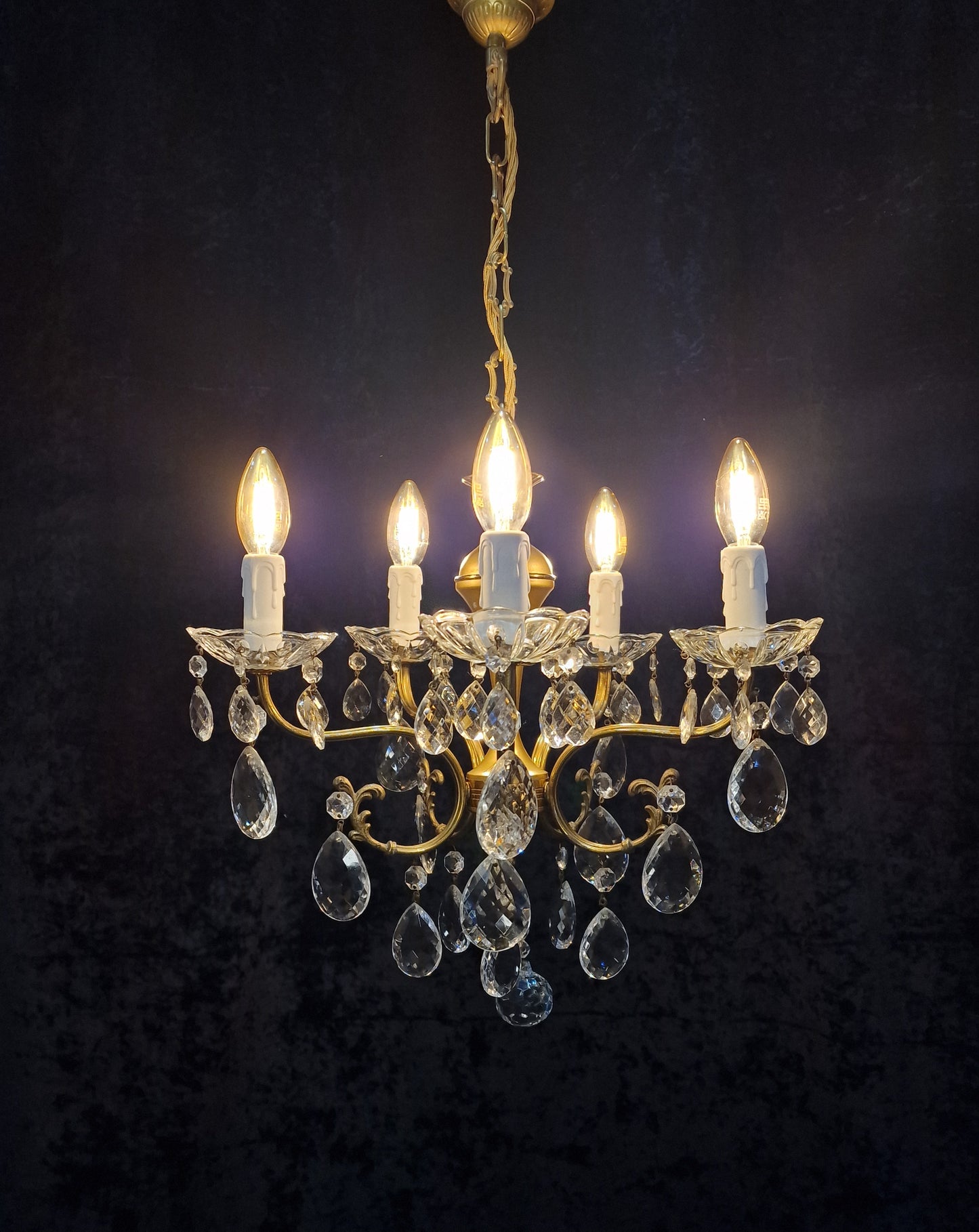 Lovely Vintage Italian 5 Arm Brass and Crystal Chandelier Ceiling Light