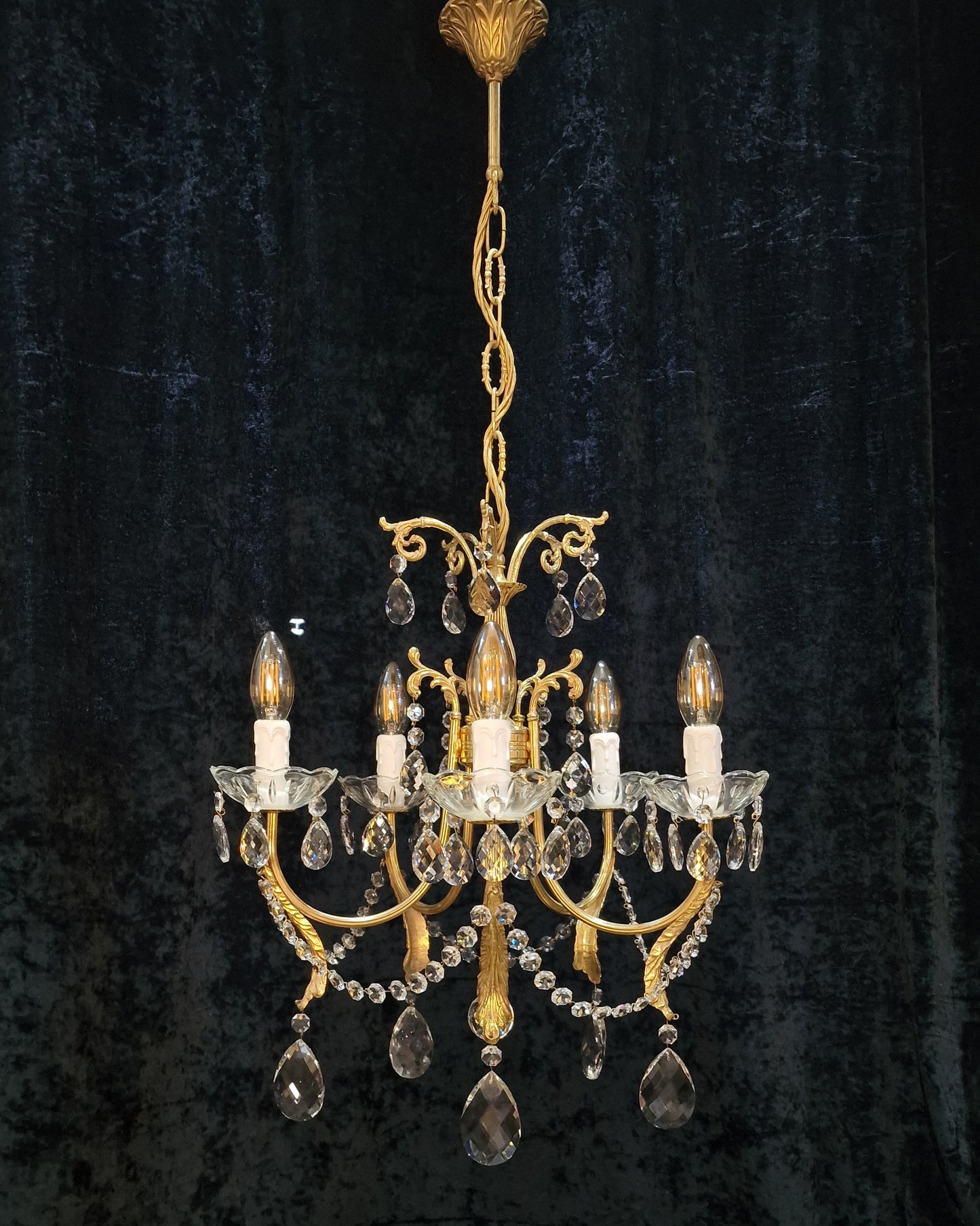 Gorgeous Vintage Italian 5 Arm Brass and Crystal Leaf Chandelier Ceiling Light