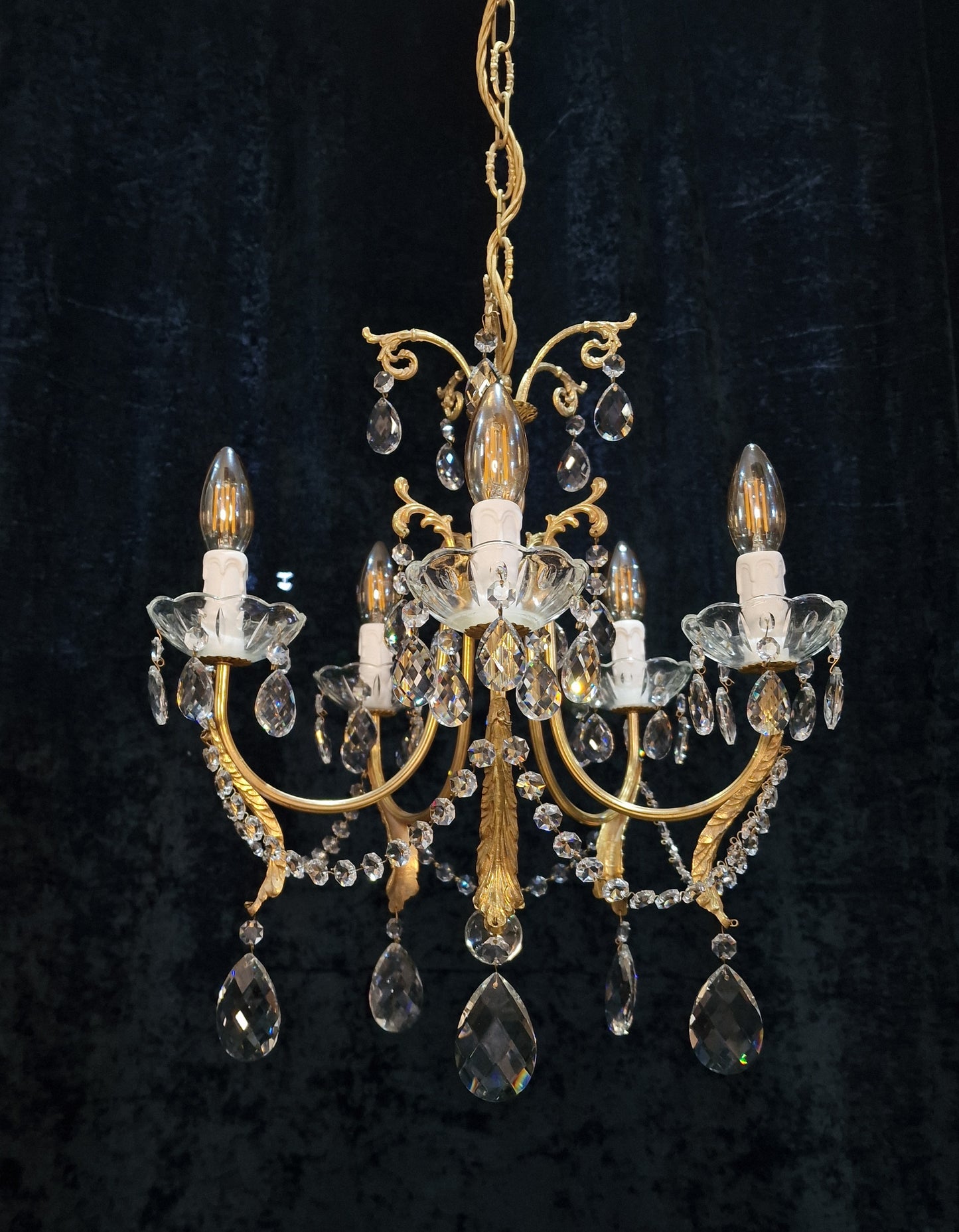 Gorgeous Vintage Italian 5 Arm Brass and Crystal Leaf Chandelier Ceiling Light