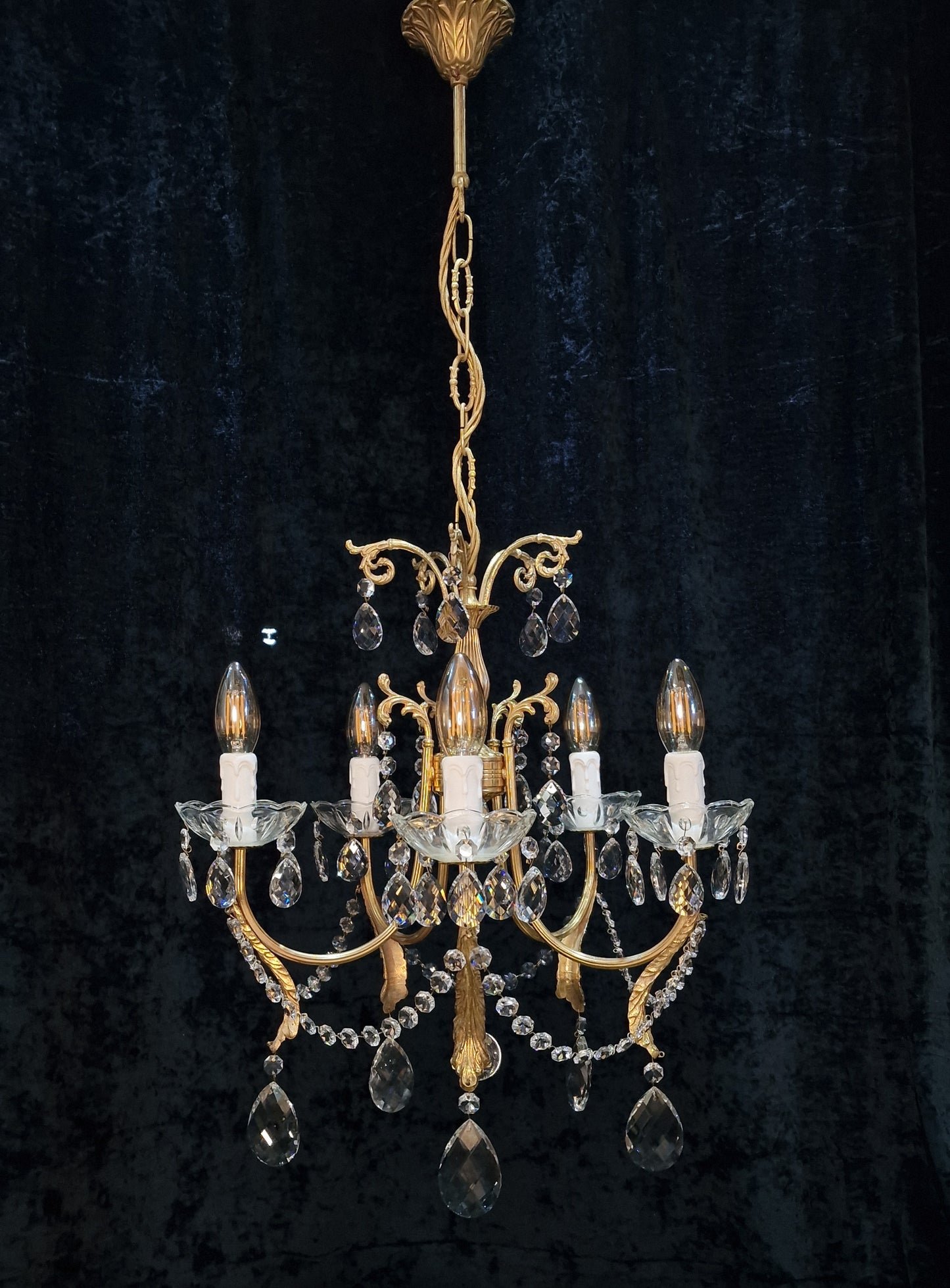 Gorgeous Vintage Italian 5 Arm Brass and Crystal Leaf Chandelier Ceiling Light