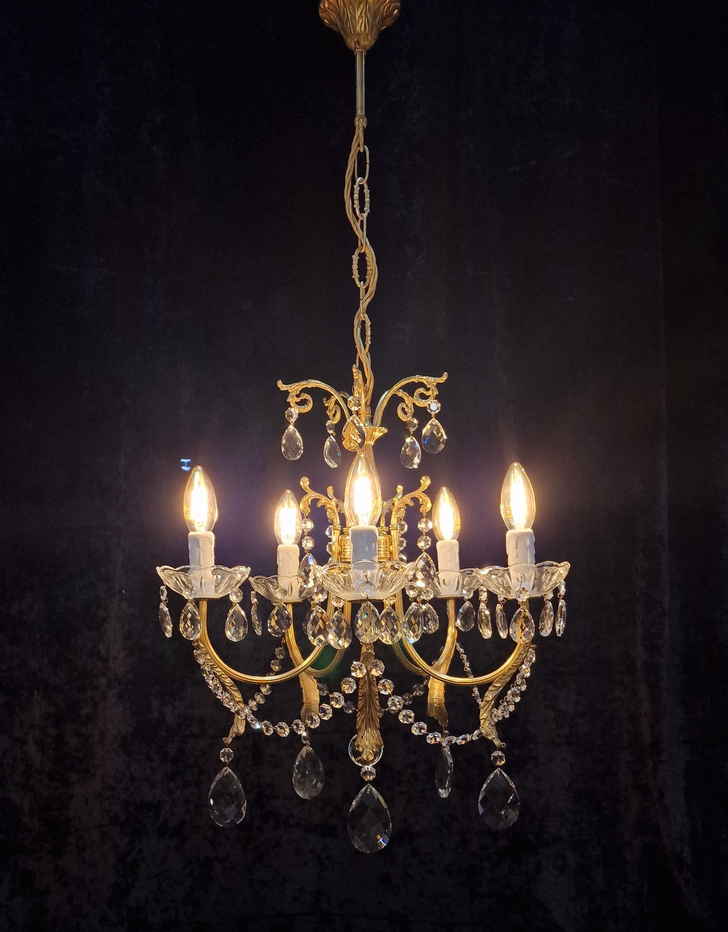 Gorgeous Vintage Italian 5 Arm Brass and Crystal Leaf Chandelier Ceiling Light