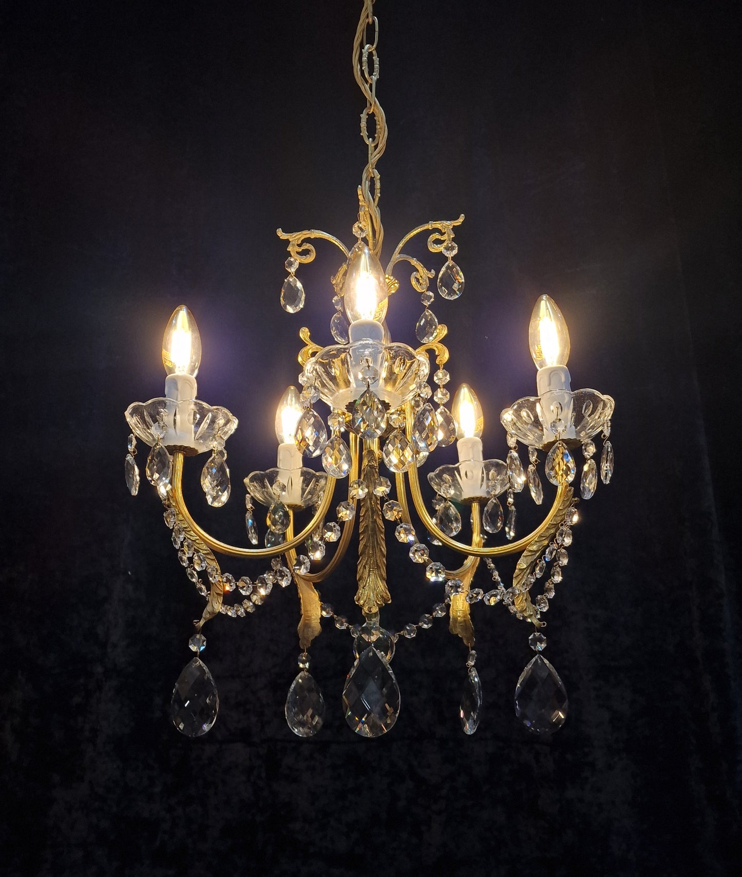 Gorgeous Vintage Italian 5 Arm Brass and Crystal Leaf Chandelier Ceiling Light