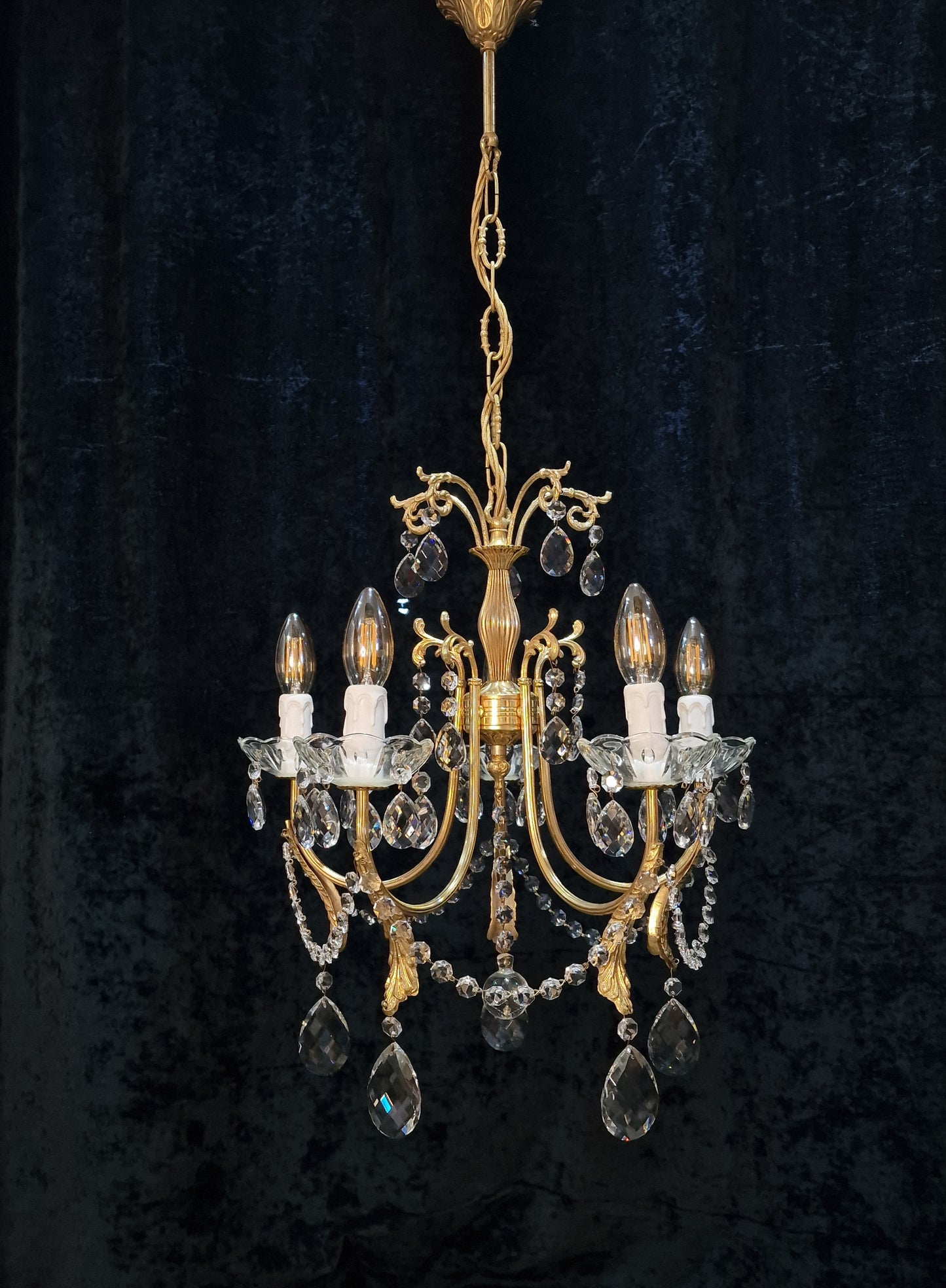 Gorgeous Vintage Italian 5 Arm Brass and Crystal Leaf Chandelier Ceiling Light