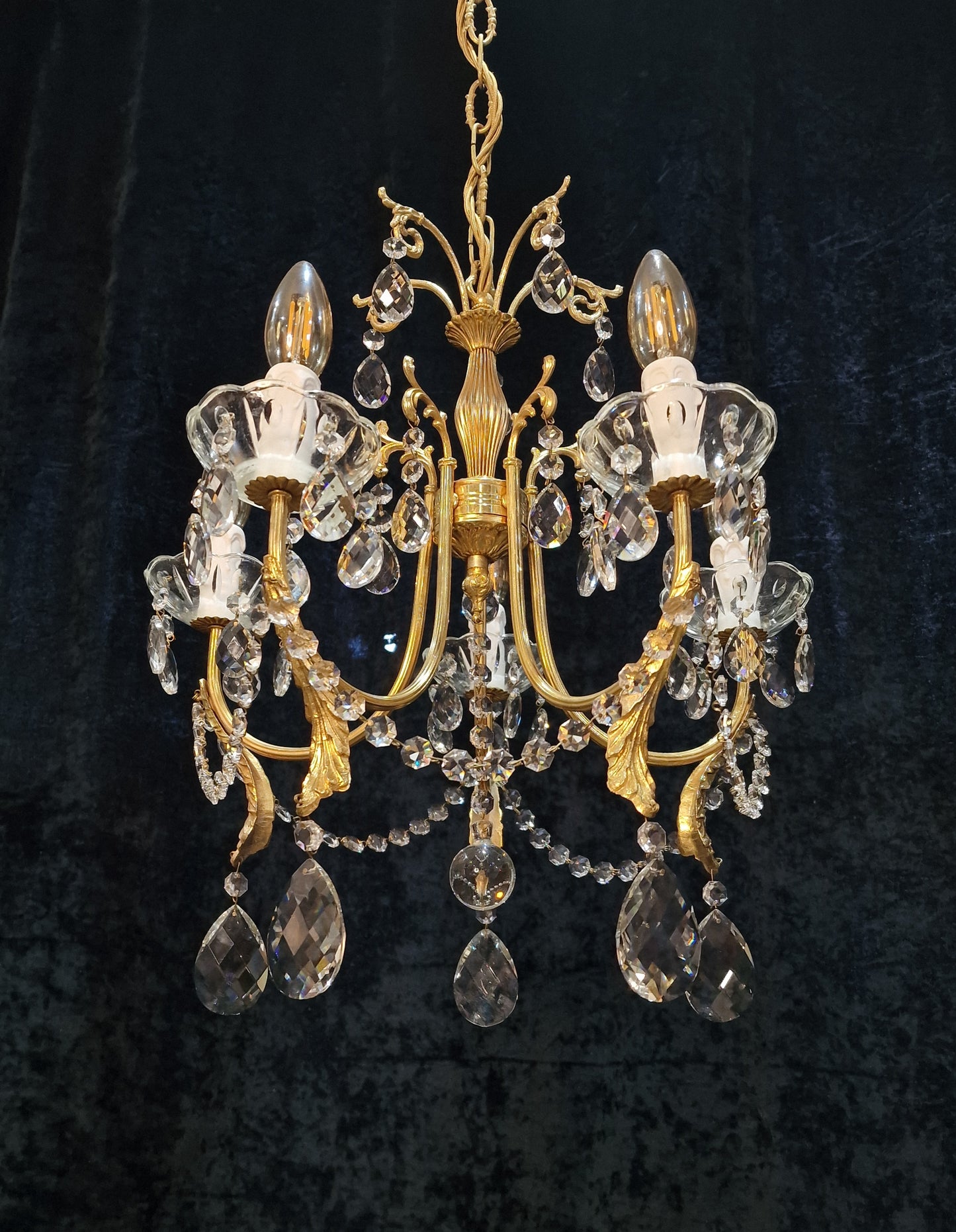 Gorgeous Vintage Italian 5 Arm Brass and Crystal Leaf Chandelier Ceiling Light