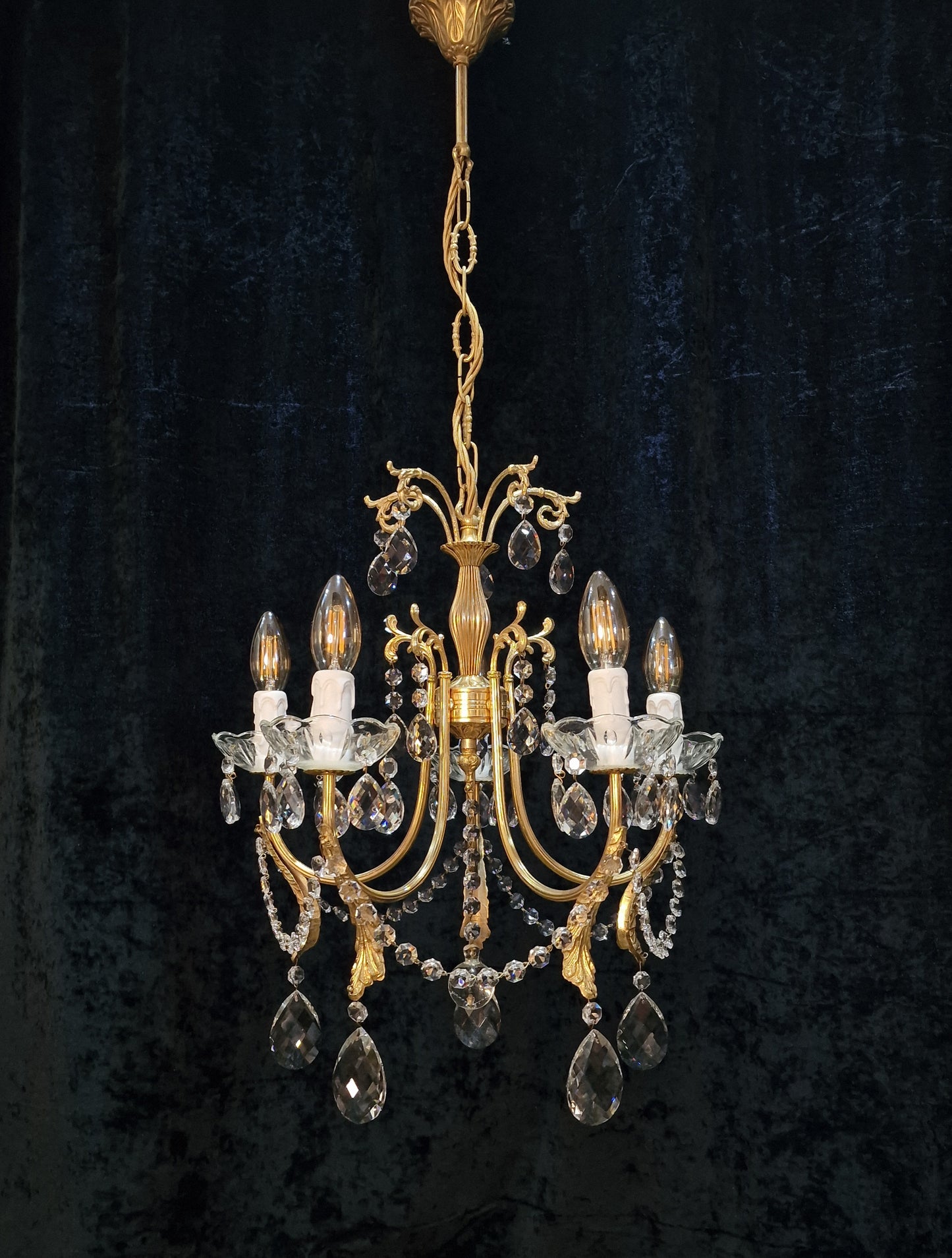 Gorgeous Vintage Italian 5 Arm Brass and Crystal Leaf Chandelier Ceiling Light