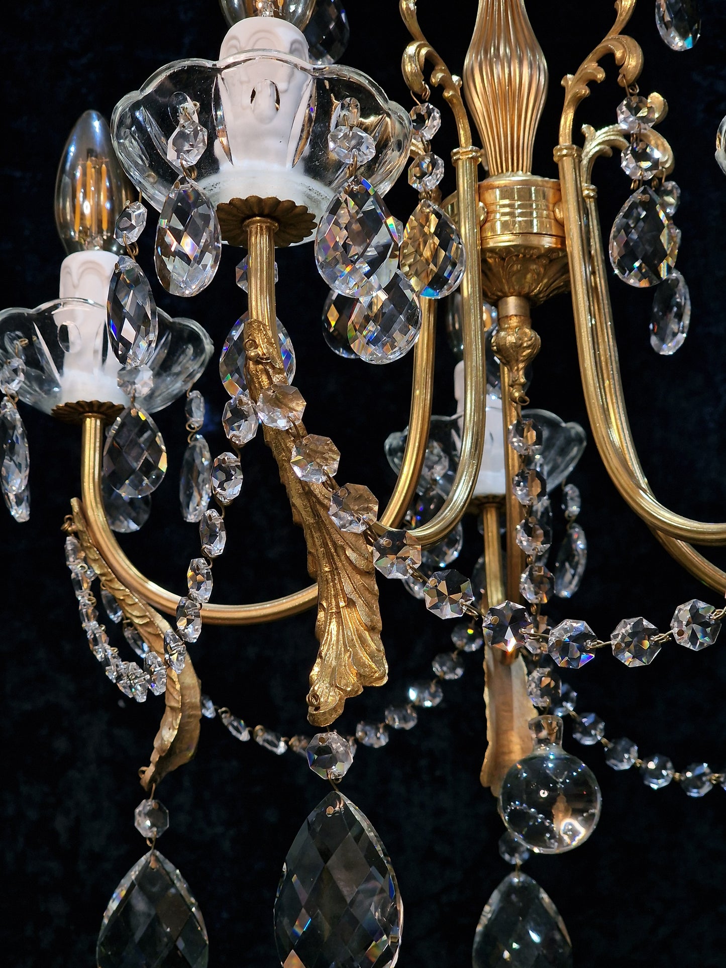 Gorgeous Vintage Italian 5 Arm Brass and Crystal Leaf Chandelier Ceiling Light