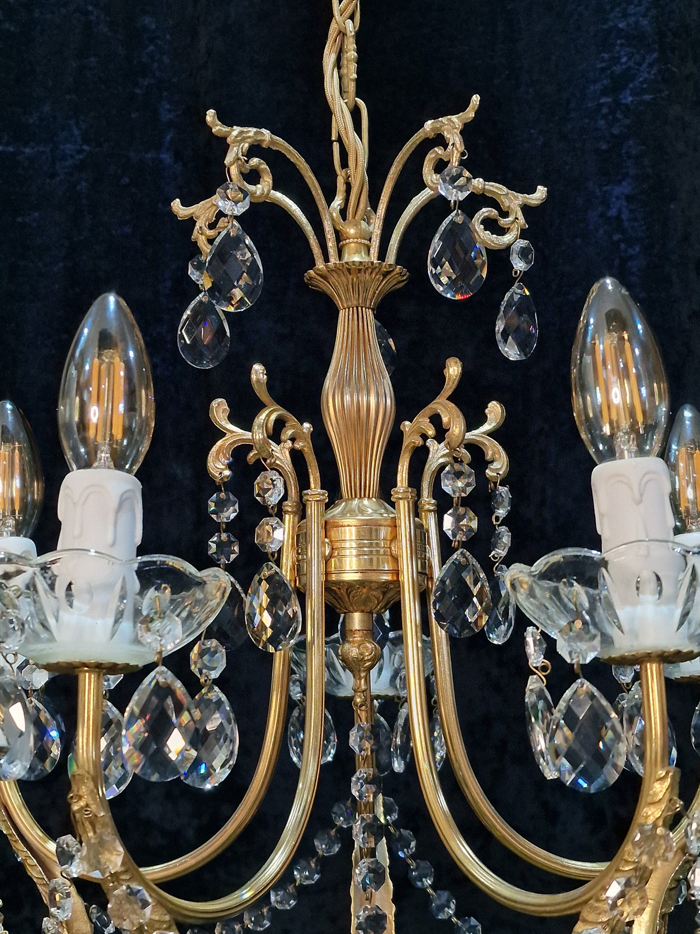 Gorgeous Vintage Italian 5 Arm Brass and Crystal Leaf Chandelier Ceiling Light