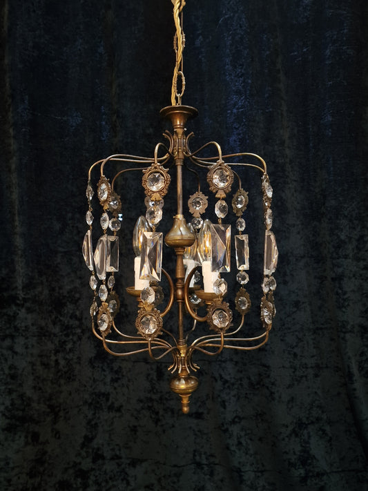 Decorative Unusual Vintage Italian Brass 3 Light Crystal Chandelier Lantern